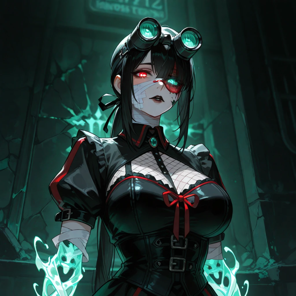 ((best quality)), ((highly detailed)), masterpiece, absurdres, extremely detailed face, beautiful face, (detailed eyes, deep eyes), (1girl), (glasses), looking straight at the camera, <lora:aiomonstergirls_loraLocon:.2>, (((shoggoth))), maid, body horror, (tentacles), ((extra eyes)), glowing eyes, Icterine colored eyes, heterochromia, (colored skin), (dark grey colored skin), glowing runes,glowing portal, lovecraftian, (outdoors, at a town, noon), <lora:halloweenTech:1.1>, halloweentech, supernatural green, glowing eyes, ((glowing hair)), bat (animal), candles, spooky