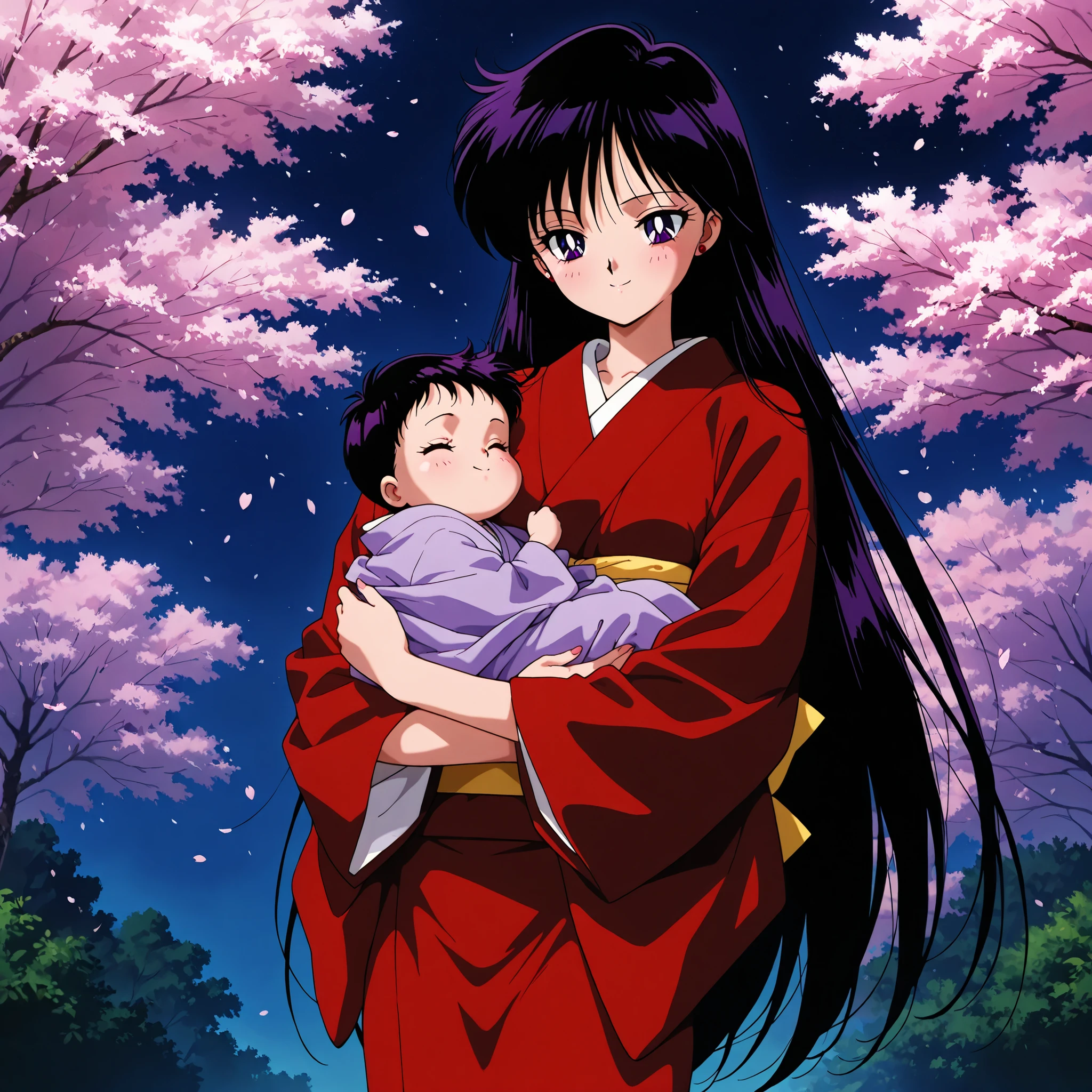 masterpiece, amazing quality, best quality, ultra-detailed, 8K, illustration, clear skin, ultra-detailed-eyes, soft skin, very awa, very as2, shiny skin, shiny hair, soft body, 90's style, official art, rei hino, long hair, black hair, hair combed to the side, purple eyes, 1girl, new born, baby boy closed eyes, 1 girl, solo, Best quality, masterpiece, High Definition, white cherry blossoms, smile, detailed background, intricate details, black night, red kimono wear, holding baby, Smile, cowboy shot, night, looking at baby