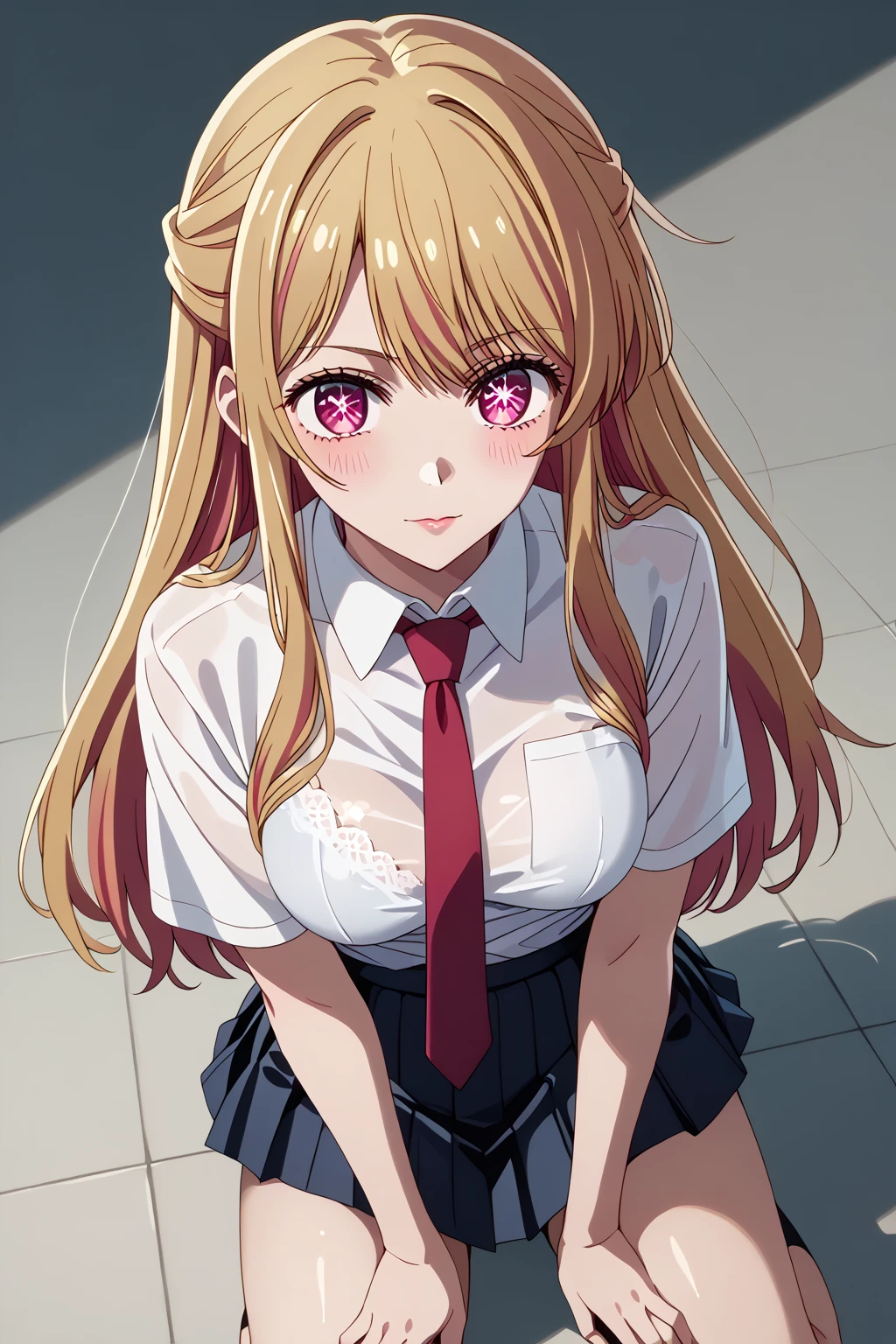 marinkitagawa, <lyco:marinkitagawa-lyco-nochekaiser:1>,
marin kitagawa, blonde hair, choker, ear piercing, earrings, long hair, piercing, (red eyes:1.5), straight hair, swept bangs,
BREAK black necktie, long sleeves, pleated skirt, school uniform, shirt, skirt, sleeves rolled up, white shirt, cleavage,
BREAK indoors, classroom,
BREAK looking at viewer, (cowboy shot:1.5),
BREAK <lyco:GoodHands-beta2:1>, (masterpiece:1.2), best quality, high resolution, unity 8k wallpaper, (illustration:0.8), (beautiful detailed eyes:1.6), extremely detailed face, perfect lighting, extremely detailed CG, (perfect hands, perfect anatomy),