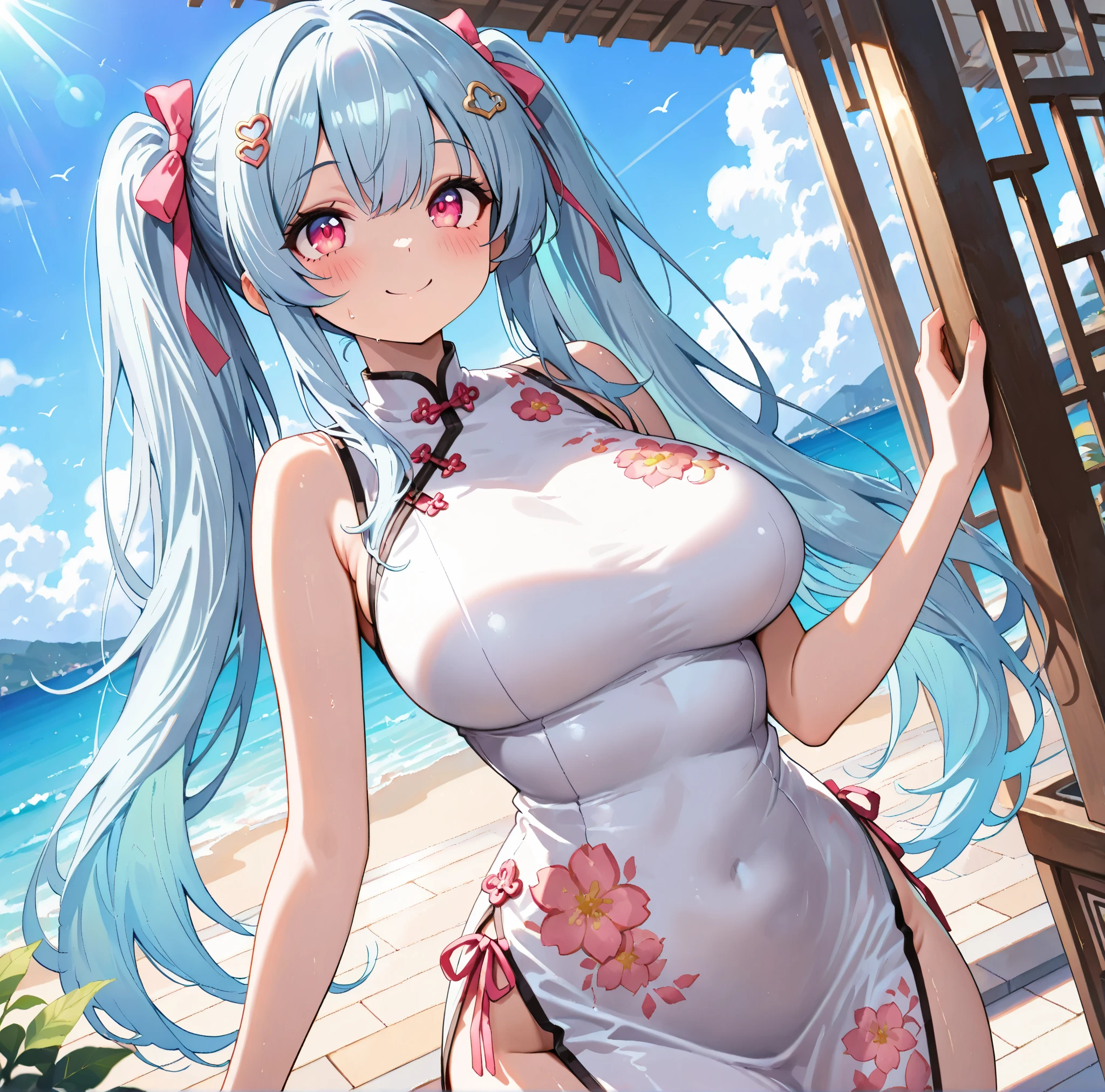 1个 Girl with round breasts, Looks to the right slightly, Has a red face, is shy, pink lips, Vivid expressions, Japanese euphoria, Serafuku, Blue hair, Light sky blue background with a rainbow, full body