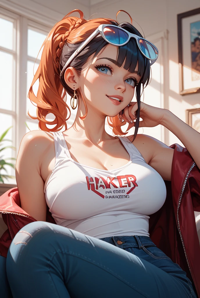 1 girl, solo, only one girl ,red hair,Hair in two pigtails, blue eyes, crop top, bare shoulders, necklace, piercings, big boobs,belly tattoo,Hand tattoo, Restaurant, eat ramen