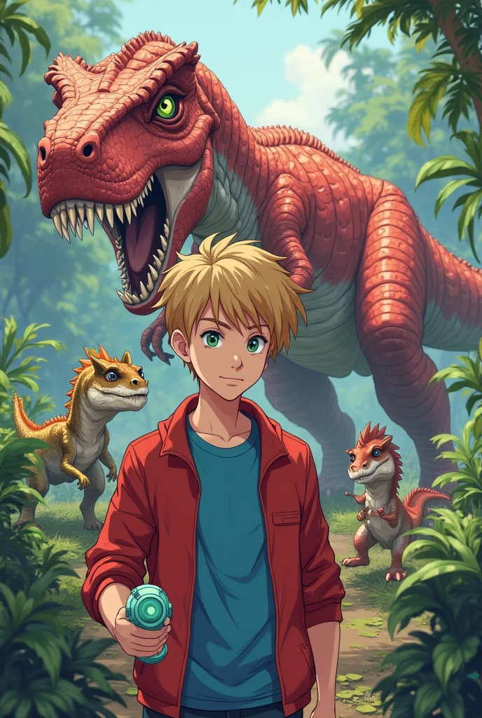There are two blond boys next to a statue of a dinosaur, next to the dinosaur are cavemen, Viagem a Legnica, monster statues, Dinossauros, Petros e Leonid, posing like a statue, Rapazes, at the time of dinosaurs, esqueletos de dinossauros, scary monster statues, no museu, ossos de dinossauro, wooden dinosaur statue, criaturas assustadoras no fundo, cabrito