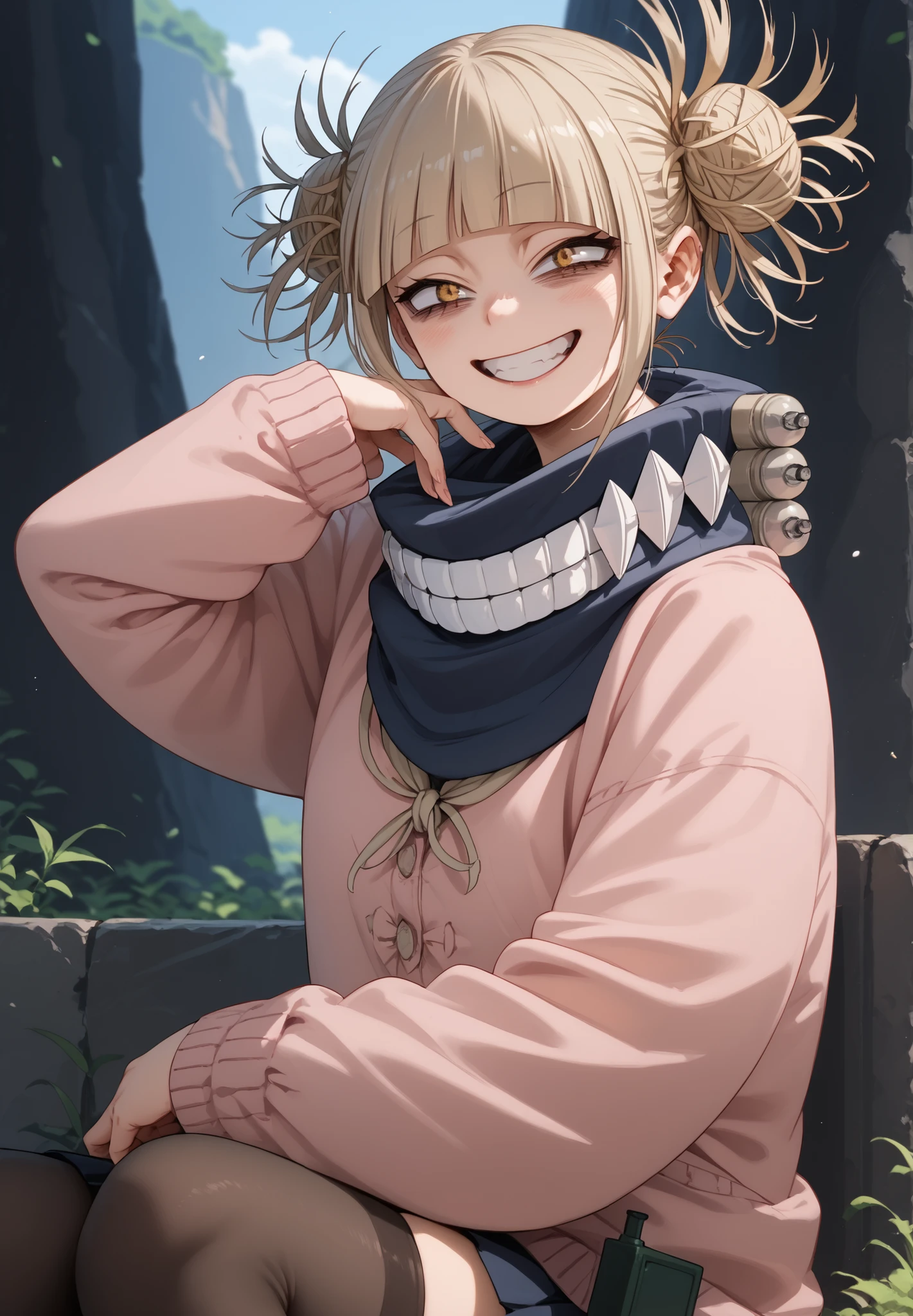 Himiko toga sitting looking backwards at the spectator, smiling, pink coat