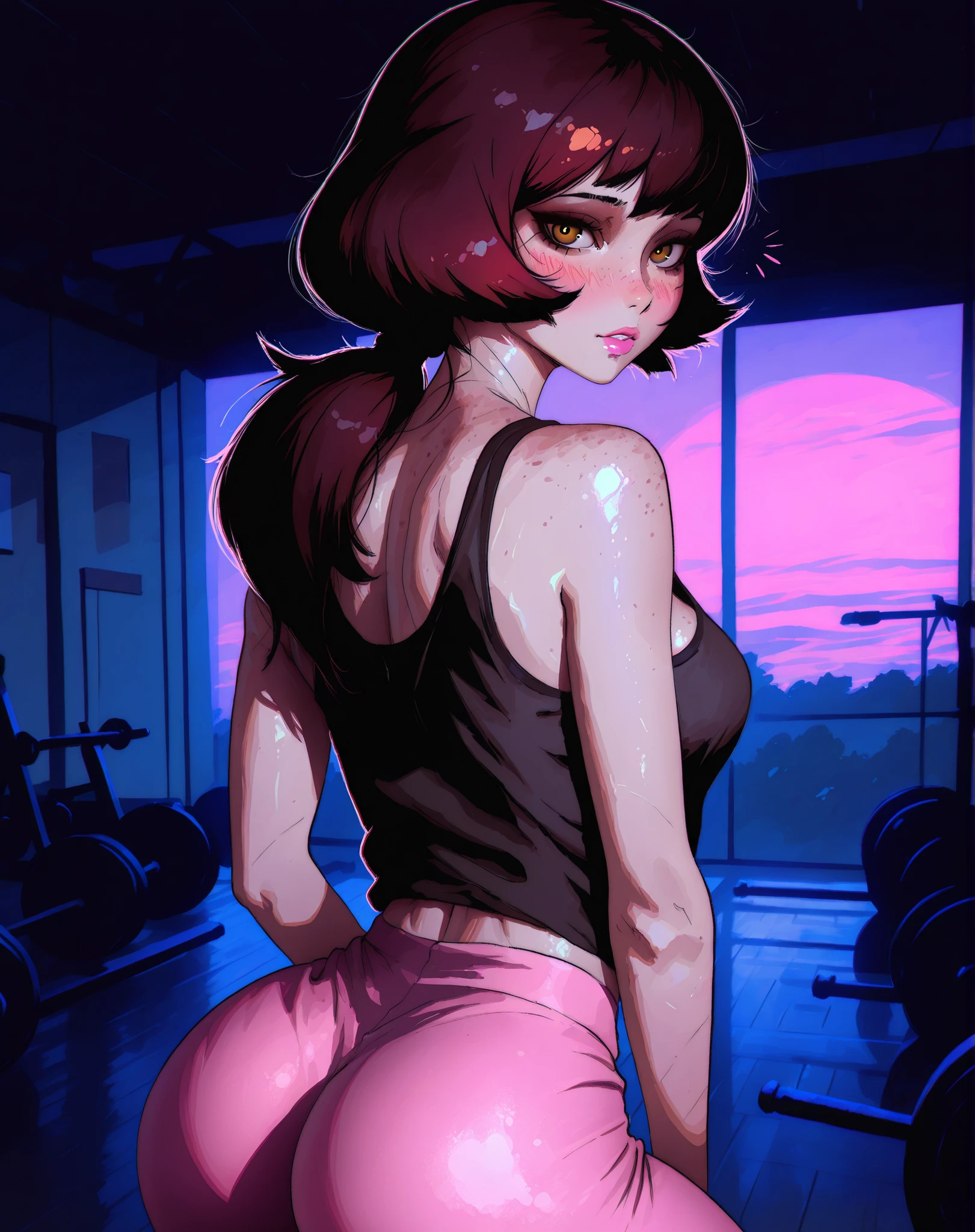 greg rutkowski, diives, ilya kuvshinov, (upper body shot), masterpiece, (dynamic pose), solo, best quality, looking at viewer, (saturated), bright colors, (anime), (mature woman, milf), dark red hair, long hair, ponytail, yellow eyes, freckles, full lips, blush, dark brown eyes, fair skin, pink lips, cropped pale pink tank top, pale pink leggings, slender, slim, medium breasts, cleavage, indoors, night, gym, back view, medium sized ass, plump and perky booty, slim thick thighs, curvaceous, shapely, curvy, (face focus)