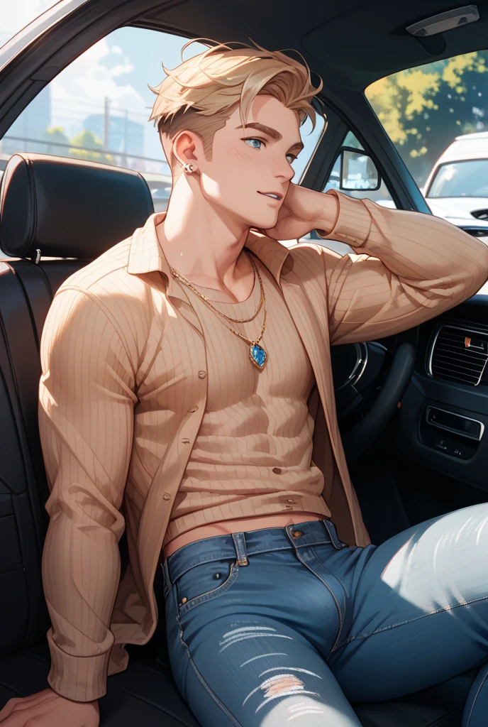 Solo, foco masculino, (obra-prima, ultra qualidade, alta resolução, 8k, intrincado: 1.2), (rosto detalhado: 1.2), shawn mendes, dentro do carro, pernas abertas, pele detalhada, corpo suado, underwear, hand on volume, sem camisa, 1boy, ((realista