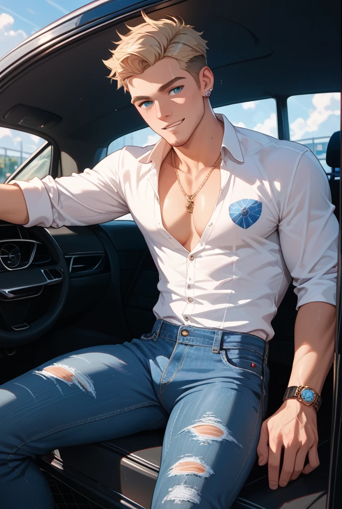 young blond russian man in the back seat of a car, in golden hue low lighting, shirtless with only a pair of red underwear. streak of cum running down his legs
