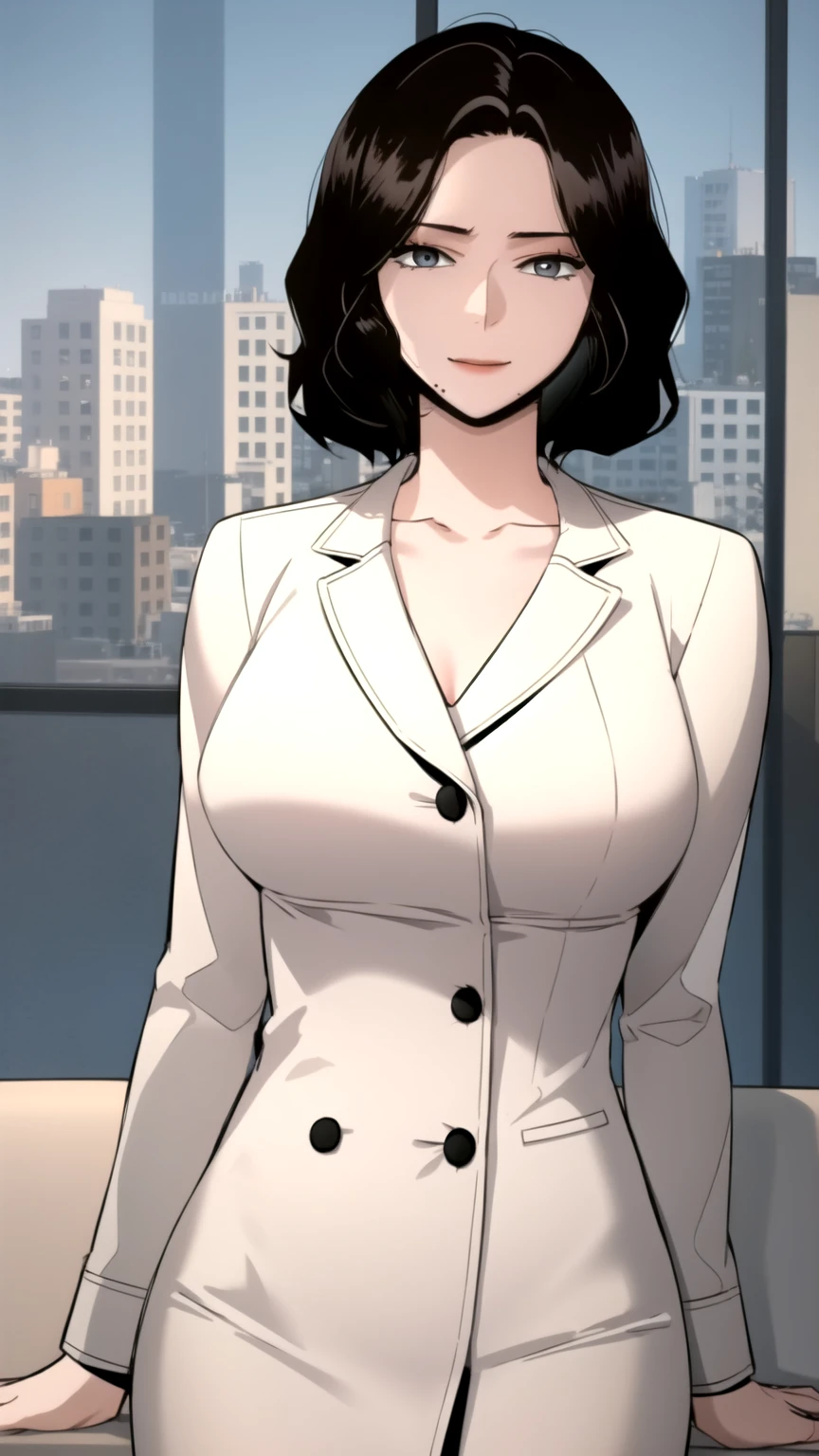 masterpiece, best quality, absurdres, perfect anatomy, beautiful background, beautiful face, beautiful eyes, beautiful body, upper body, shinjiye, 1girl, solo, looking at viewer, happy, short hair, large breasts, black hair, sitting, collarbone, upper body, mole, lips, tight clothing, mole under mouth, black clothes, Leaning with back against an invisible wall,
