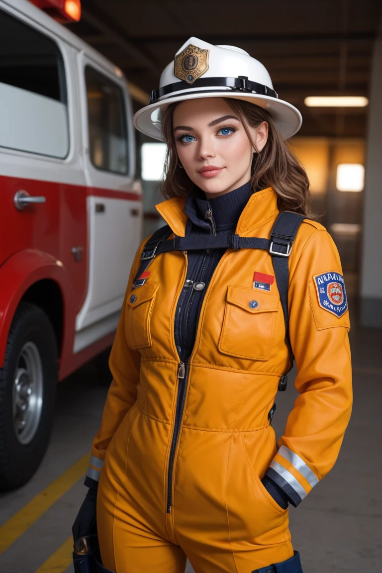 best quality,masterpiece,realistic, 4k,woman, imogen poots,<lora:imogen_poots-V1_M3+O10-3:1>,Firemen uniform, make up,smile,look at right,