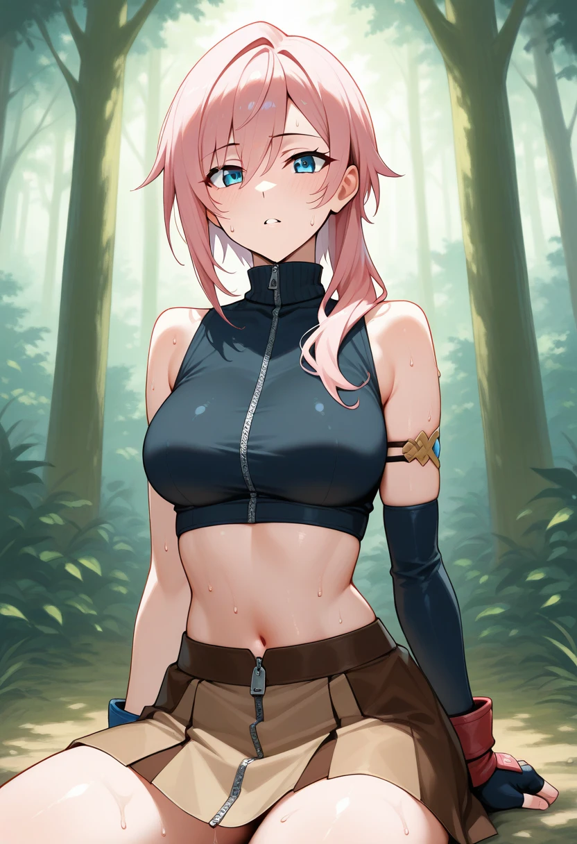 1girl, solo, full body,wearing armor,warrior armor, ancient armor, armor boots, masterpiece, (high detail:1 1), Rough face, Natural skin, high quality, Sakura Haruno,Pink long hair, long detailed hair,(headband), (forehead mark), Green eyes,(arm behind head:1.5),(Big breasts:1.2 ),( smile:1.2),Face blush,(cleavage:1.4),Sexy figure, perfect bodies, beautiful eyes, (Detailed face and eyes), (face: 1 2), voices, Extra, real photo, ... ... ........... PSD, sharp focus, contrast lighting, Delicate skin, High definition 8K, incredible details, realistic, professional photo shooting, 8K UHD, SLR camera, soft lighting , high high quality, film grain, Fujifilm XT3, magic, particle FX, sideview, leggings, in the forest, dark forest, horror forest, cherry blossom petals, looking at viewer, (((French braid hair))), ((show breast)), (nipples), (((show cameltoe))), focus, (show armpits), sweat body, sweaty armpits, sweaty, focus, NSFW, ((ponytail)), ((French braid ponytail hair)), (((show vagina))), nudity, (((show breast))), (((wet body))), (realistic)