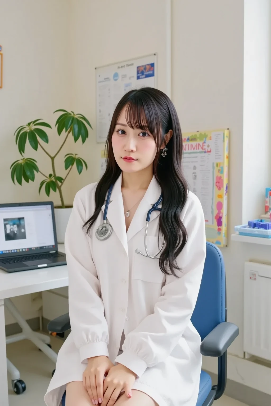 (RAW Photos, Highest quality), (Glasses), masterpiece, Natural light, 1 Girl, Smooth Hair、Wear a lab coat over your scrubs, Hospital examination room, Stethoscope, head shot