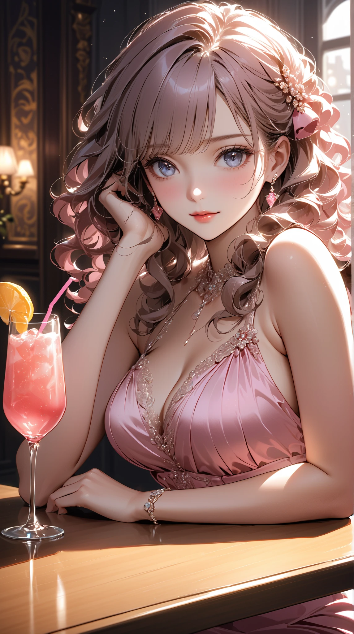 (Masterpiece, BestQuality:1.3), (ultra detailed:1.2), (hyperrealistic:1.3), (RAW photo:1.2), High detail RAW color photo, professional photograph, (Photorealistic:1.4), (realistic:1.4), (Pink Hair:1.5), professional lighting, perfect anatomy, (Big Breasts:1.2), (blush, detailed face), (A happy smile:1.7), Trending Hair&Trending Hairカラーをランダムに, earrings, necklace, bracelet, sexly, erotic sexly, Random sexy gravure poses, (Sexy beauty in a pink cocktail dress、Smiling with cocktail in hand in luxury lounge、Wavy black hair、An elegant smile、One leg is slightly bent。:1.3)