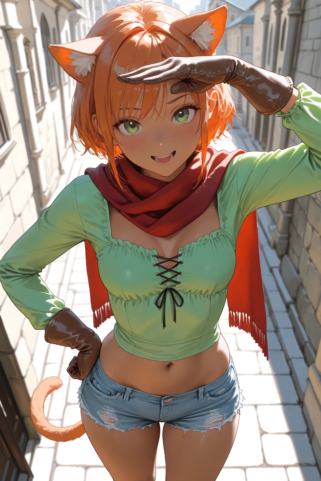 masterpiece,high quality,(white background:1.5),solo, smile,open mouth, elpeople,1, short hair,orange hair,bangs,short hair with long locks,sidelocks,hair between eyes,blue eyes, pendant, collarbone,shawl,crop top,yellow shirt,short sleeves,layered sleeves,alternate costume,thighhighs,midriff,navel,wristband, green layered miniskirt,