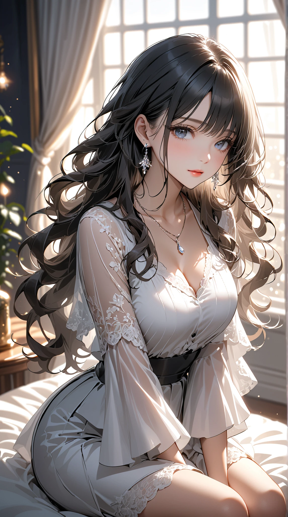 highest quality, ultra high resolution, super detailed, gorgeous, masterpiece, best quality, high resolution finely detailed, extremely beautiful, distinct image, wearing a button robbed knit lounge romper, ((best quality)) ((best quality)), ((masterpiece)), (detailed), 4k image, anime style, beautiful young girl, teenage girl, fair white skin, oval shaped face, seductive facial features, astonishing sex appeal, curly hazel-brown hair, slim, curvy body, green eyes, full lips, medium height, large breasts,