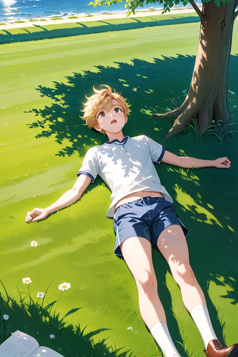 masterpiece, best quality, sylphy from mushoku yensei, lying on back, grass, looking at viewer, tired, smile, garden