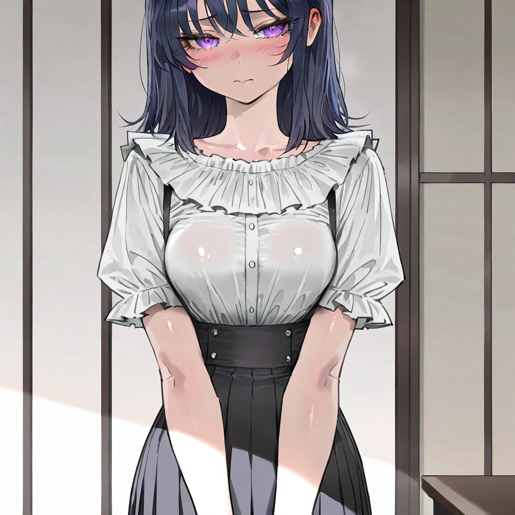score_9, score_8_up, source_anime, 1girl,A teenage girl, standing confidently in a schoolyard, wearing a traditional Indonesian . The uniform features a vibrant, orange batik patterned shirt with long sleeves. A simple black belt cinches the waist. Her long, flowing black skirt reaches her ankles, contrasting with the colorful top.innocent, blue eyes,full body ,ahoge, solo, colored tips, black hair, high-waist skirt, long skirt, black skirt, , long sleeves, standing, indoors, (bound with an excessive amount of ropes), (bound wirsts), (arms behind back), (tapegag, tape gag), dramatic, (looking at viewer), (detailed pupils:1.3),ahoge,pencil skirt, classroom