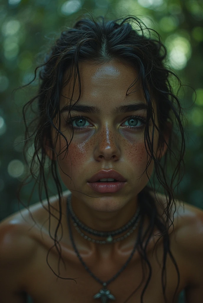 [8K, Best Quality, Masterpiece, Ultra High Resolution, (highly detailed CG unity 8k wallpaper), (best illustration), (best shadows), isometric 3D, octane rendering, ray tracing, highly detailed, (wide panoramic view: 1.1), (Best quality, 4K, 8 k, A high resolution, masterpiece:1.2), absurdity, masterpiece, ultra detailed, (realistic, photorealistic, photorealistic:1.37), complex parts, HDR, (complex parts:1.12), (hyper detailed, hyper realistic, Soft lighting, spicy:1.2), beautiful figure, Magnificent Anatomy, (complex part, Hyper detailed:1.15). Blurred foreground.]. [portrait close-up of a face of a brazilian woman, 38 years old. sunburnt ebony skin, (Wet and dripping hair, curly hair), wavy at the height of the back, jade eyes, fluffy turned, ((big cheeks)), bathing in the natural, in a deep river and transparent waters, [[only upper head and eyes out of the water]], between reeds, (backlit), realistic, masterpiece, high quality, brightness, shadow, flower, [[chromatic aberration]], by Jeremy Lipking, by Antonio J. Manzanedo, digital painting, Brazilian, 8k uhd, forest, river, wood, smoke, shadows, contrast, clear sky, looking_at_viewer, (warm hue, warm tone), high details, natural skin pores]