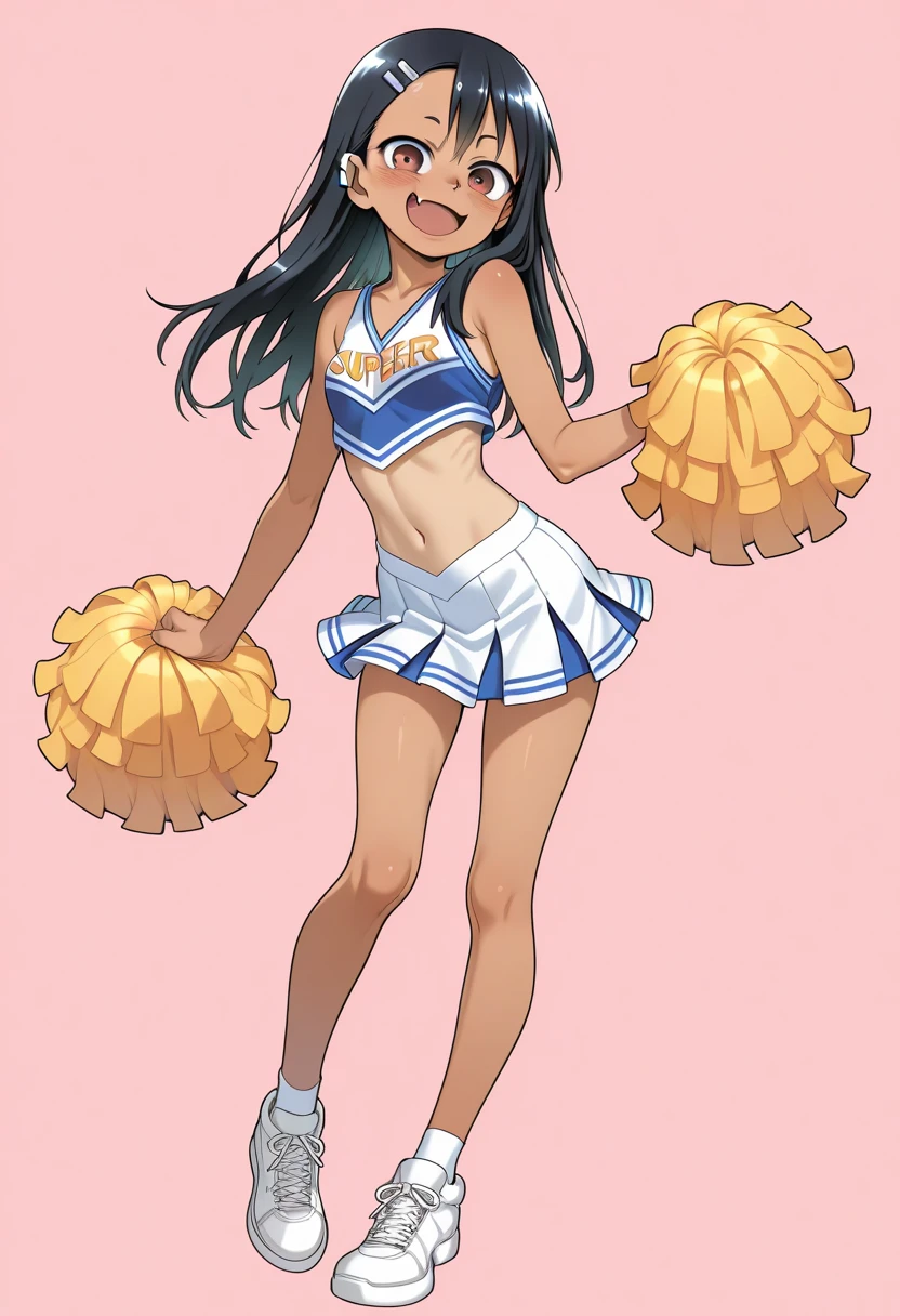 score_9, score_8_up, score_8,laliberte,1girl, full body, standing, from below, brown eyes, parted lips, forced smile, black hair, high ponytail, tanned skin, muscular, large breasts, nipples, defined abs, curvy, white crop top, glitter, micro pleated skirt, thigh highs, sneakers, pom-poms, gym, warm lighting, sweat, mature female, milf,athletic pose, nsfw