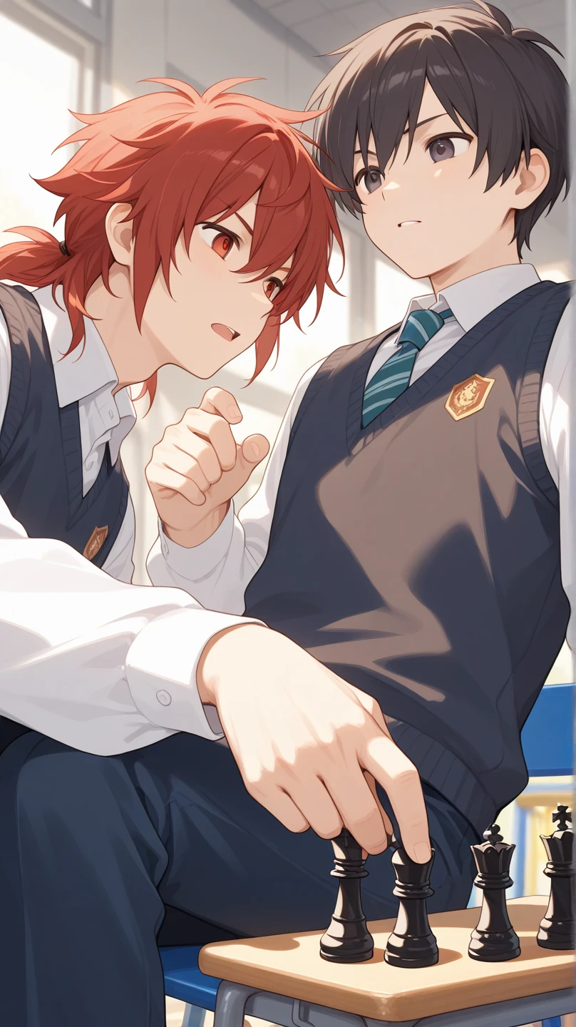 Ranma21, a girl, red hair, braid, red shirt, chinese clothes, shirt, short sleeves, pants, high-waist pants, single braid, long hair, braided ponytail, black pants, kneeling, blowjob, side view, room, shota-boy