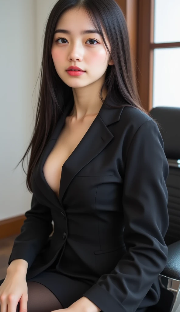 ((highest quality)), ((masterpiece)), (detailed), Perfect Face、Very large breasts、Very big ass、Office Lady、whole body、Wearing a suit、Underwear visible through black tights、Thong、Back view、Forward bending pose、