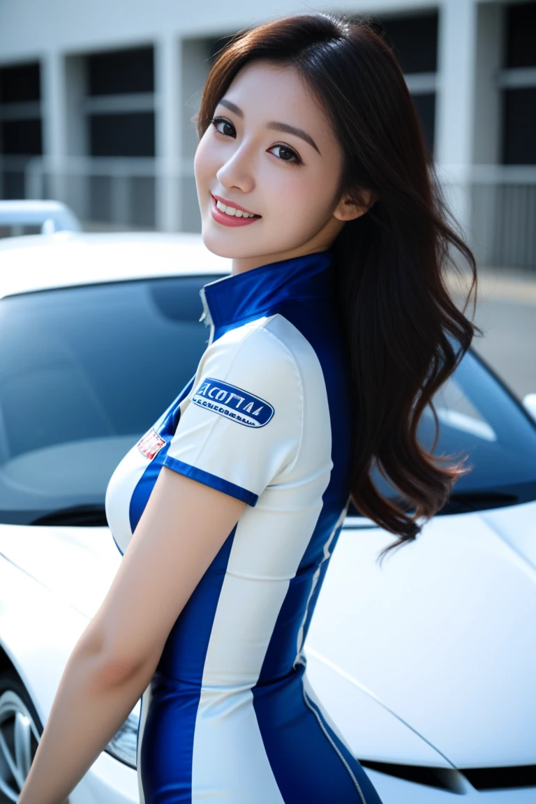 Best Quality, masterpaintings, best qualtiy, Photorealsitic, ultra-detailliert,dynamic light and shadow,hight resolution,天空、 1 female, Smiling、dark brown hair, 、Full lips, a miniskirt、Race Queen、Red costume、・Sponsor logo on the chest、A slender、 slender、Grid Girl, Stand in a motorsport race、 left hand on waist、Blur the background。