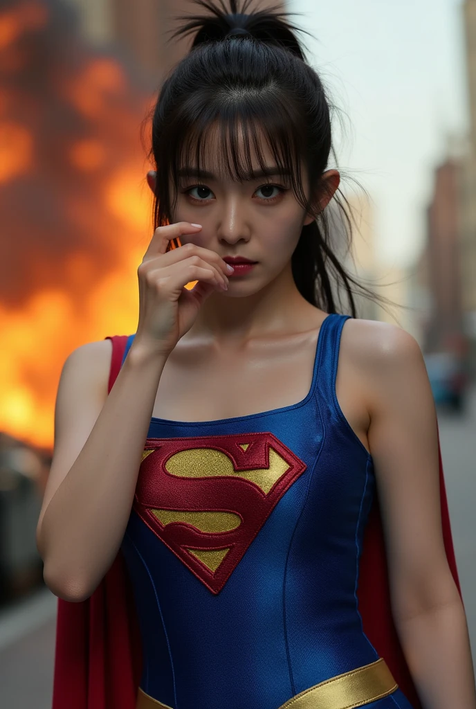 （8K，RAW photos，超高分辨率，best qualtiy，tmasterpiece：1.2），（photorealistic illustration），（Extremely detailed CG unifies 8K, 8K, Diamond, and wallpaper），absurderes， 1个Giant Breast Girl，Marvel，beauitful face，Supergirl，short detailed hair，Whole body diagram，nigth，Rooftop，salama，Bokeh background