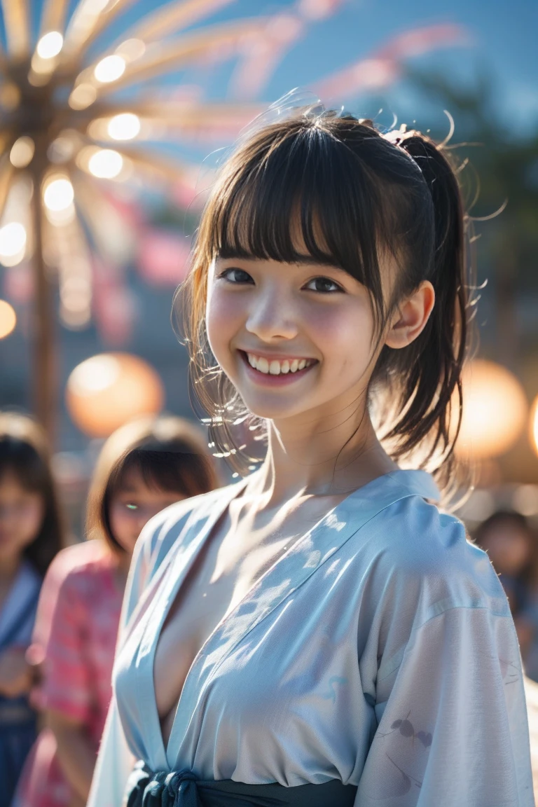 A very cute face like an idol、A young-looking 20-year-old woman、Smiling Kindly、Wearing a cute modern Japanese yukata、Cleavage、noon、Walking through a Japanese festival、Natural light、(Whole body)、High level of artistry