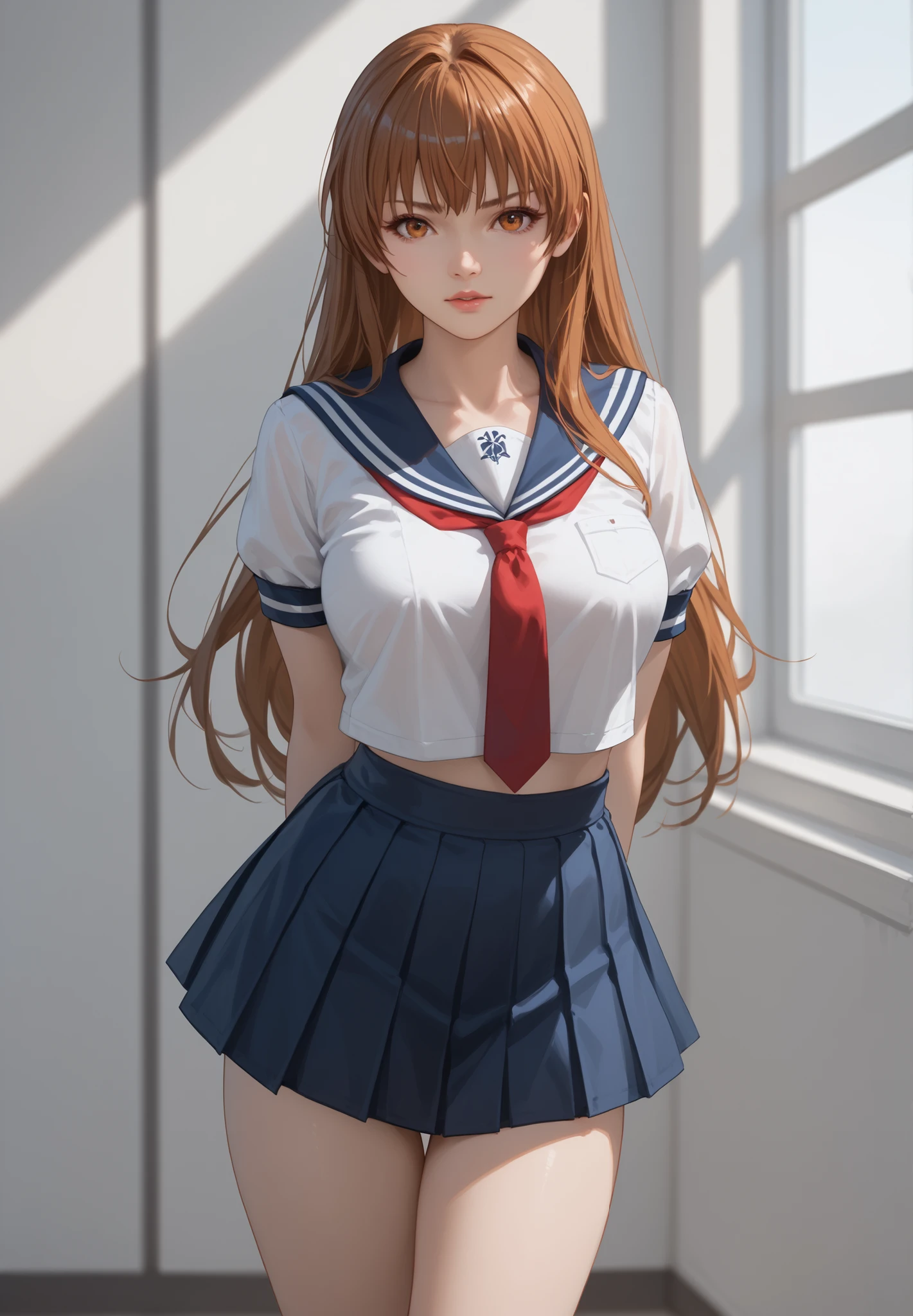 Dead or Alive Kasumi, sailor blouse and school skirt, standing looking at the viewer, bondage , red tie, pretty legs