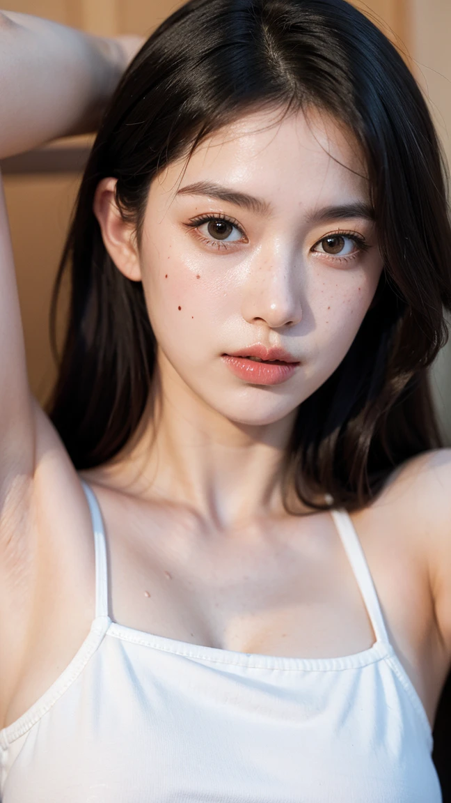 ((Best quality, 8k, Masterpiece :1.3)), 1girl, Pretty woman with emphasizing slender abs :1.3, (random hairstyles :1.2), Oversized tank top :1.2, Ultra-detailed face, Detailed eyes, Double eyelid, armpit