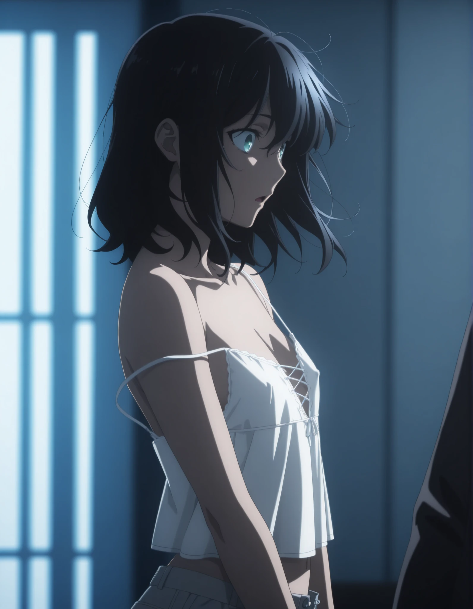 masterpiece, best quality, amazing quality, highres, absurdres, very aesthetic, high resolution, ultra detailed, perfect details, midnight,   , indoors, ufotable style, (from side,), blue hour, backlight,
 
1girl, ufotable style, anime style,  (anime coloring:1.5), (anime screencap:1.2) ,(aged up:1.5), light open mouth, surprised,
   
girl, mature, (slim body, slender body), ,medium hair, gray green eyes, black hair, bangs, floating hair, , (exchange clothing:1.5), pale skin ,                                           
(show off nipple), nipple slip, , white camisole, strap slip, cross-laced top, bare shoulders, white satin panties, undress wide pants, ,(small breasts, flat chest),  (looking at viewer), expressionless, , , 

