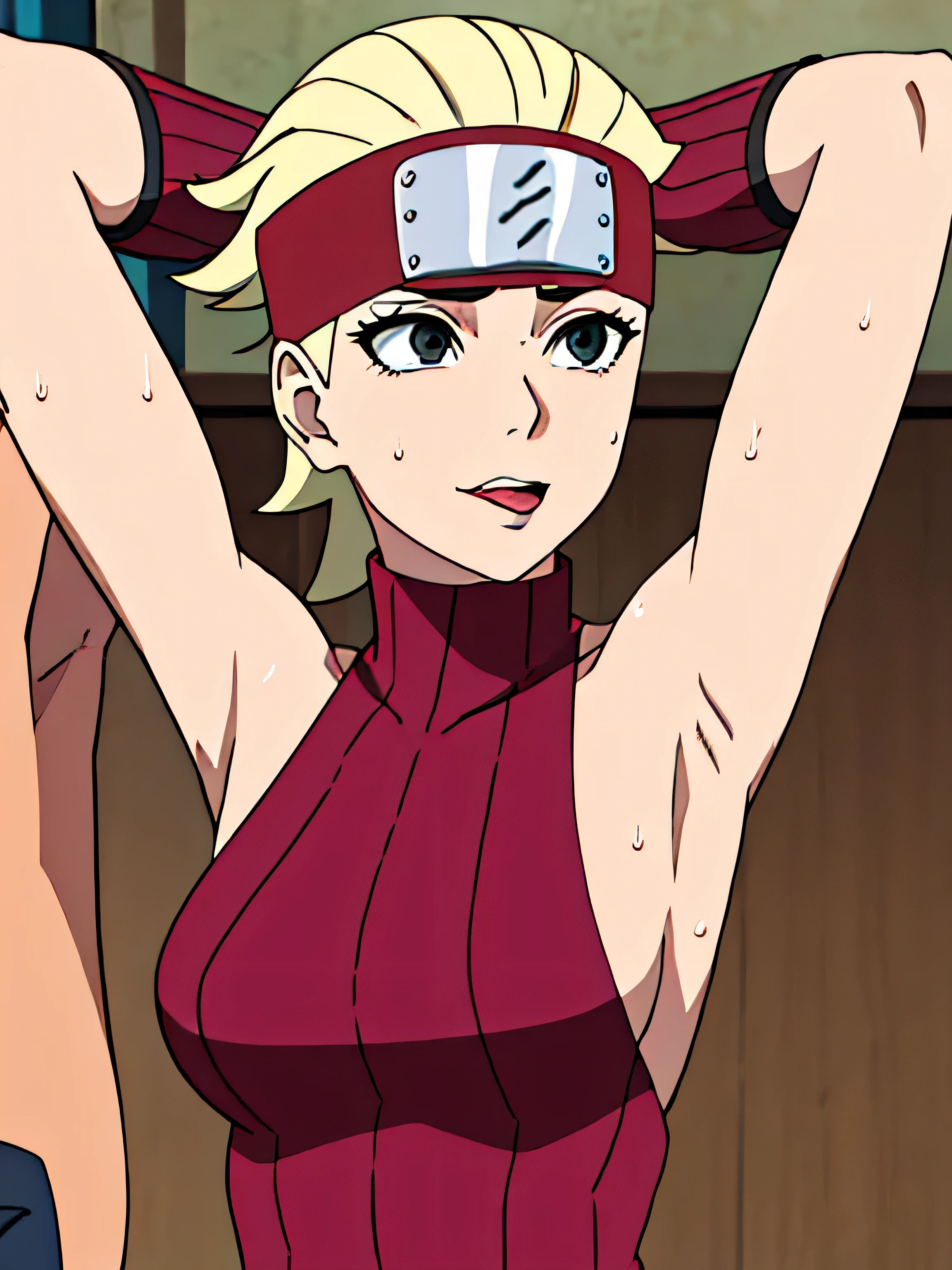 BUNTAN, 1GIRL, SHORT HAIR, BLUE EYES, BLONDE HAIR, GLOVES, BARE SHOULDERS, HEADBAND, SLEEVELESS TURTLENECK, solo facing viewer, looking at viewer, smile,armpit,armpits,showing armpits,awesome armpits,sweat, sweaty,sweaty armpits,tired,red arm warmers