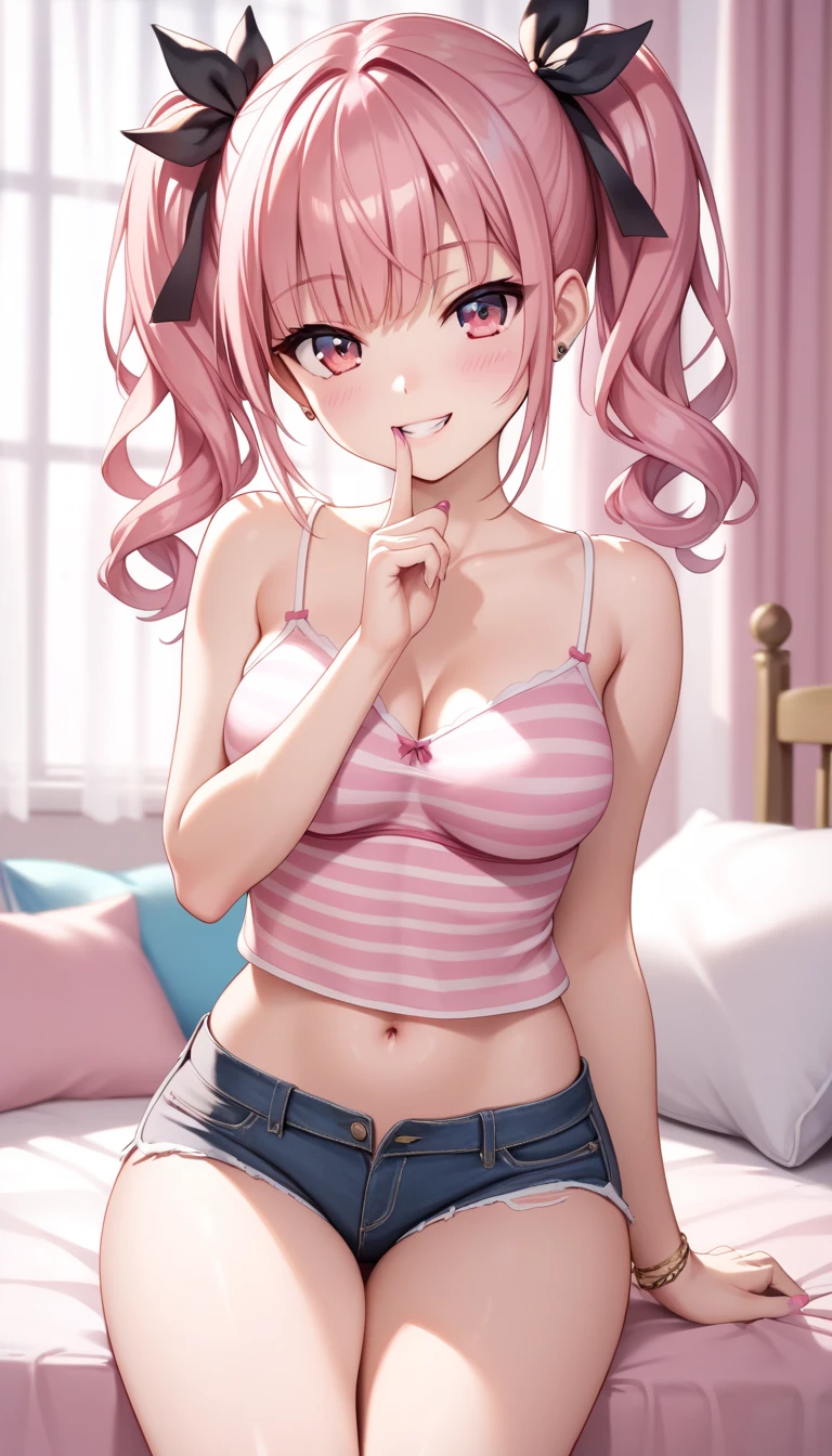 1girl, masterpiece, best quality, ultra-detailed, illustration, beautiful detailed eyes, looking at viewer, spread legs, short shorts, black bra, big breasts, cleavage, detailed backround, pink hair, long hair, pink eyes, detailed background, bedroom, plushies in background, twin tails, pig tails, mature, large breasts, small horns, evil grin, extremely detailed background, extremely detailed face, extremely detailed clothes, high quality