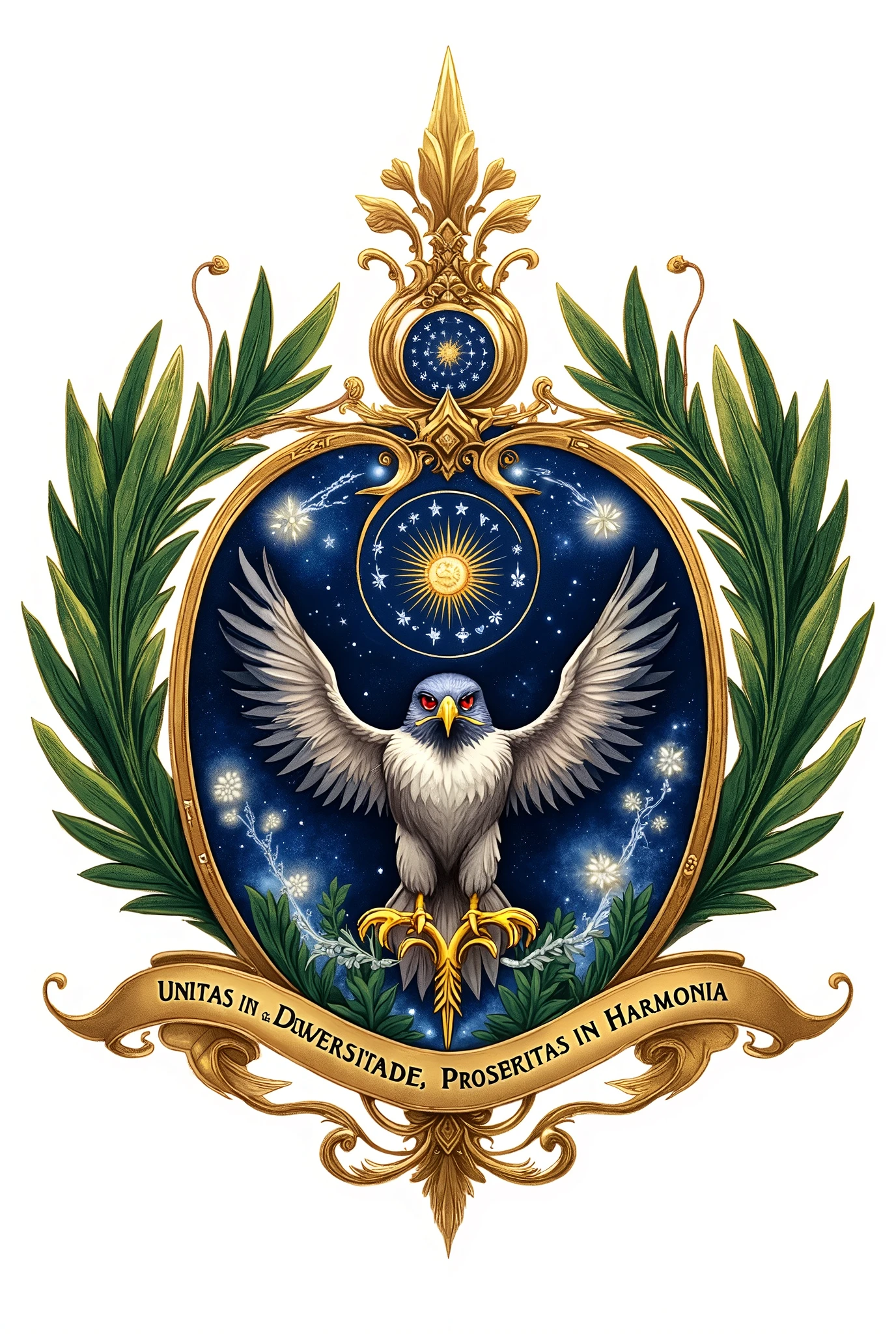 A highly formal and elegant government seal of the fictional Caribbean nation of Cara Libro. The seal is designed in a heraldic style, inspired by classic Western emblems like the Great Seal of the United States. At the center, a majestic Peregrine Falcon (the national animal of Cara Libro) stands proudly with wings slightly open, gripping two crossed swords in its powerful talons. The falcon symbolizes strength, vigilance, and national pride. Surrounding the central figure, two symmetrical laurel branches curve upward from the bottom, nearly touching at the top, representing victory, honor, and peace.

Beneath the falcon, a flowing golden ribbon bears the national motto in Latin: “Unitas in Diversitate, Prosperitas in Harmonia” written in elegant serif font. The background is neutral, emphasizing the bold shapes and refined colors — deep navy blue, gold, emerald green, and touches of silver. The overall tone of the seal is dignified, tropical yet formal, suitable for a high-level sovereign institution such as the Parliament or Presidential Office of Cara Libro. The composition communicates power, unity, and prosperit