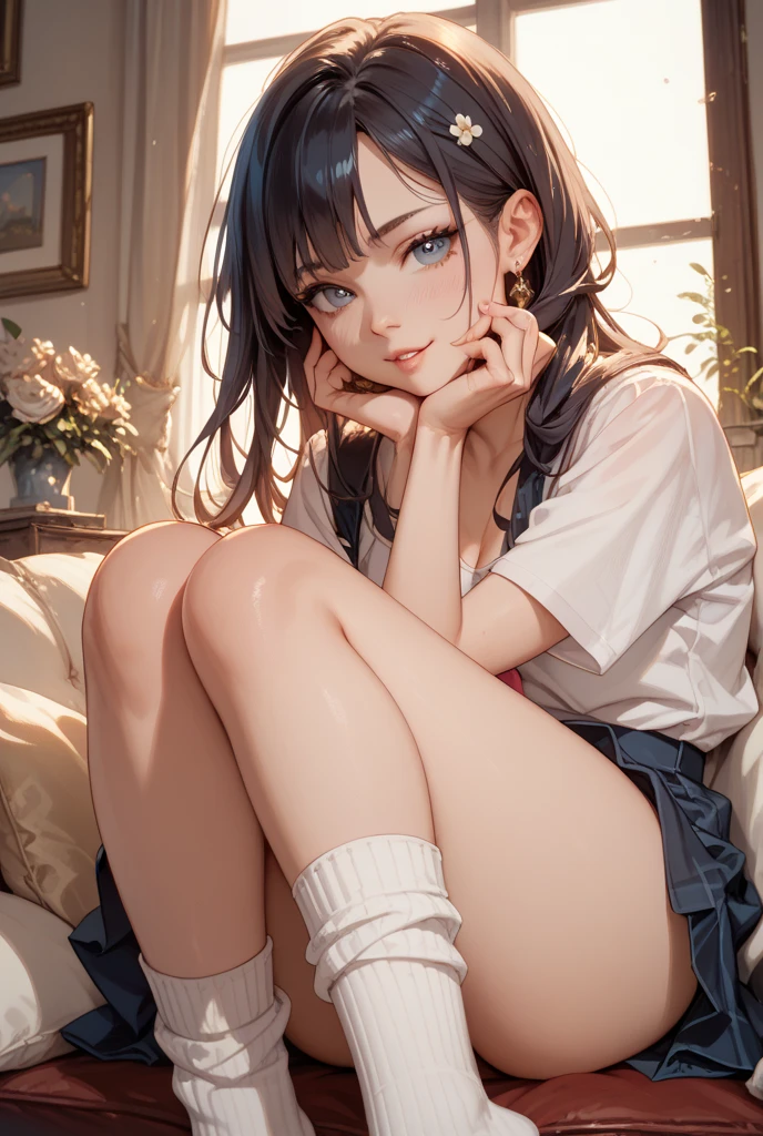 (masterpiece, highest quality:1.2), Cute S, young girl, Chibichara, Induce a desire for asylum, Cute face, Glossy black hair, Flip up skirt, Not wearing panties, Showing virgin pussy, Boldly open your legs wide, Immoral Eros, First sexual desire, Moist eyes, Staring at the audience,