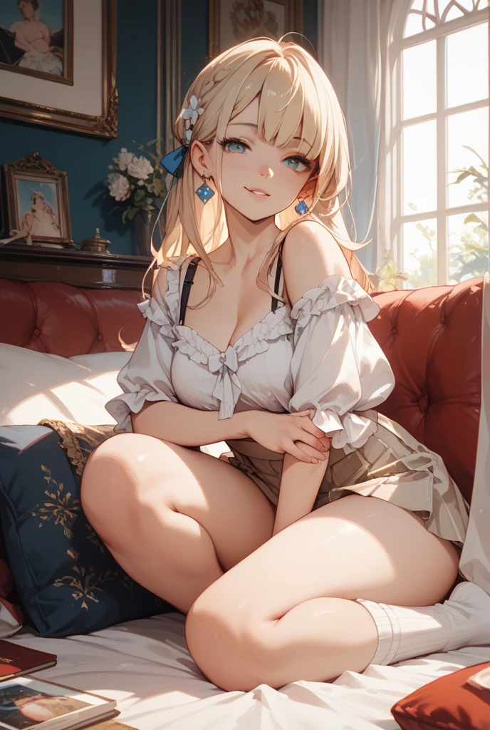 delicate,masterpiece, highest quality, pretty girl, 16 ,Small breasts,Tiny Butt Hair Scrunchie, Denim pencil frill mini skirt, Flashy Pantyhose, Leg belt, necklace,sit, skinny , Beige is good,((Showing off her beige panties))