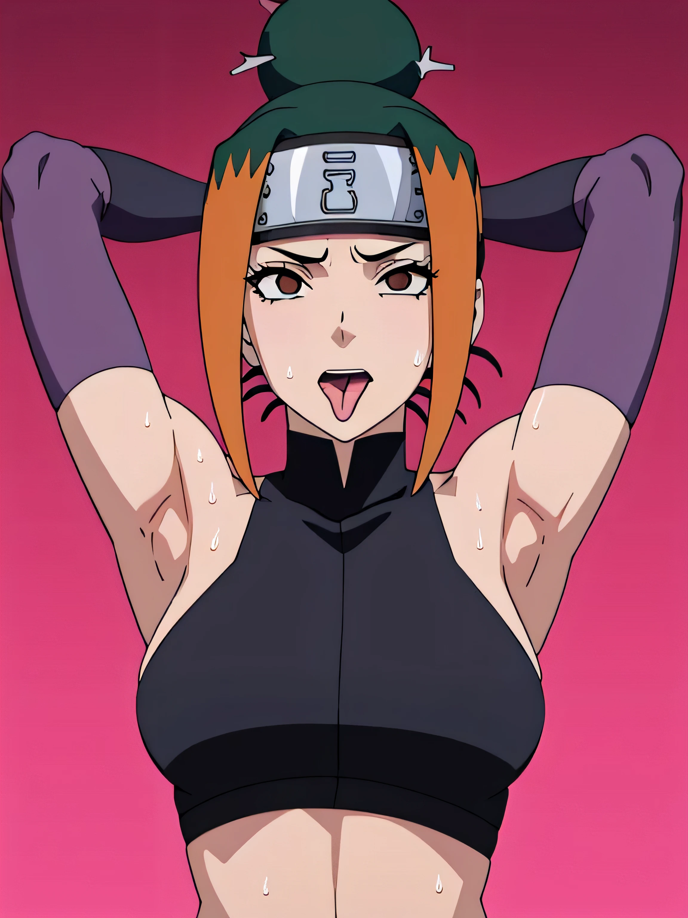 Pakura,human woman with fair skin. She has black eyes and blackish orange clothing. Her hair is black in color; She is beautiful.Tsundere face. Pink eye shading,mature appearance,armpits,sweat,sweaty,sweaty armpits,arms up,showing armpits,awesome armpits,outfit,blackish red arm warmers,maroon arm bands,maroon arm warmers,showing tongue,tongue out,wearing Konoha headband.