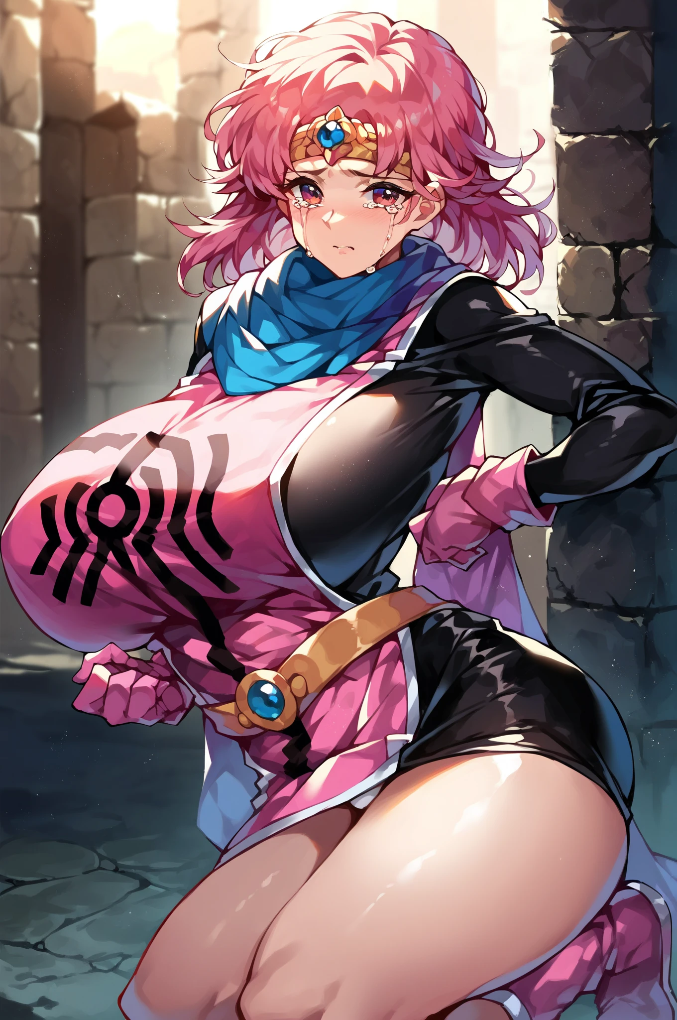 2heads, a short chubby woman with 2 heads. She has massive breasts. She is very short. She has pink hair and pigtails for hairstyle. She has an energetic personality. She has huge breasts. She is in an arcade. She has huge boobs.