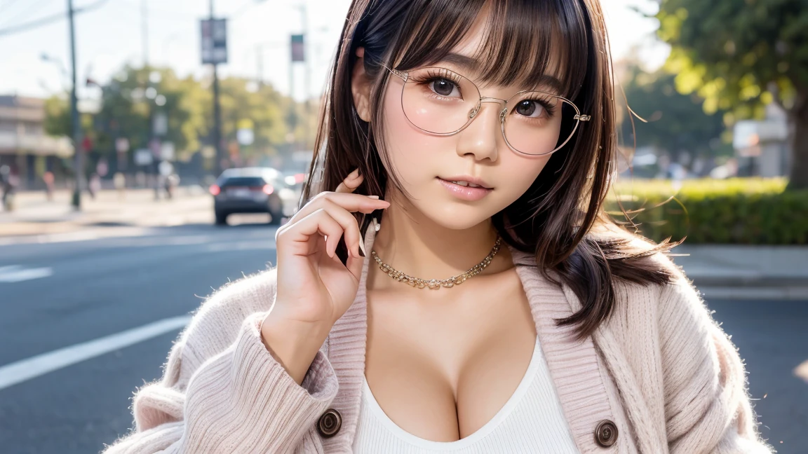 Japanese girl looking at the viewer, posing with a smile (highest quality, masterpiece))), (((wearing(White shirt)))、High resolution, very detailed, masterpiece, cinematic lighting, (8k, highest quality, masterpiece: 1.2), (realistic, photorealistic: 1.37) high resolution, Super detailed, 1 girl, woman wearing glasses, thin frame round glasses, light colored glasses frames, ASİAN, cute, cute face, alone, short hair 1.2, rough skin, beautiful smile, beautiful detailed sky, movie lighting, Depth of the bounds written, lens flare light, On a date, (blush), (smile: 1 ),(closed your mouth), Beautiful eyes in every detail, (long hair: 1.2)、 floating hair nova frog style,Rainy side、((Reading a book))、((Big and ample breasts:1.5))、(((Cleavage)))
