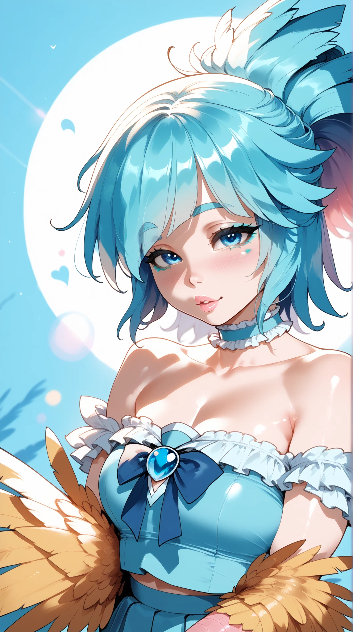 Create a stunning cartoon female character with devil horns, a glass of wine in hand with a blue anime face, with unicorn outfit