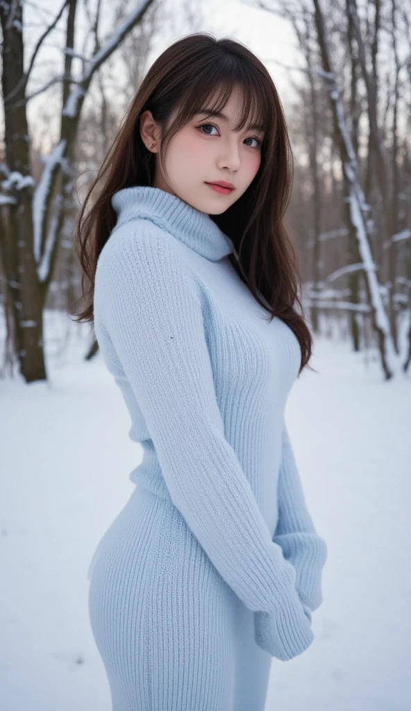 (Best Quality,High resolution:1.2), Ultra-detailed, Realistic portrait, hot girl,, pretty face, perfect long legs, full body, tiny waist. large breasts, standing, tight white jumper, black high waist leggings, pink and white boots, in the snow, large blue eyes, long black hair tied up with a ribbon, tight high waist skirt, woolen socks, scarf around neck