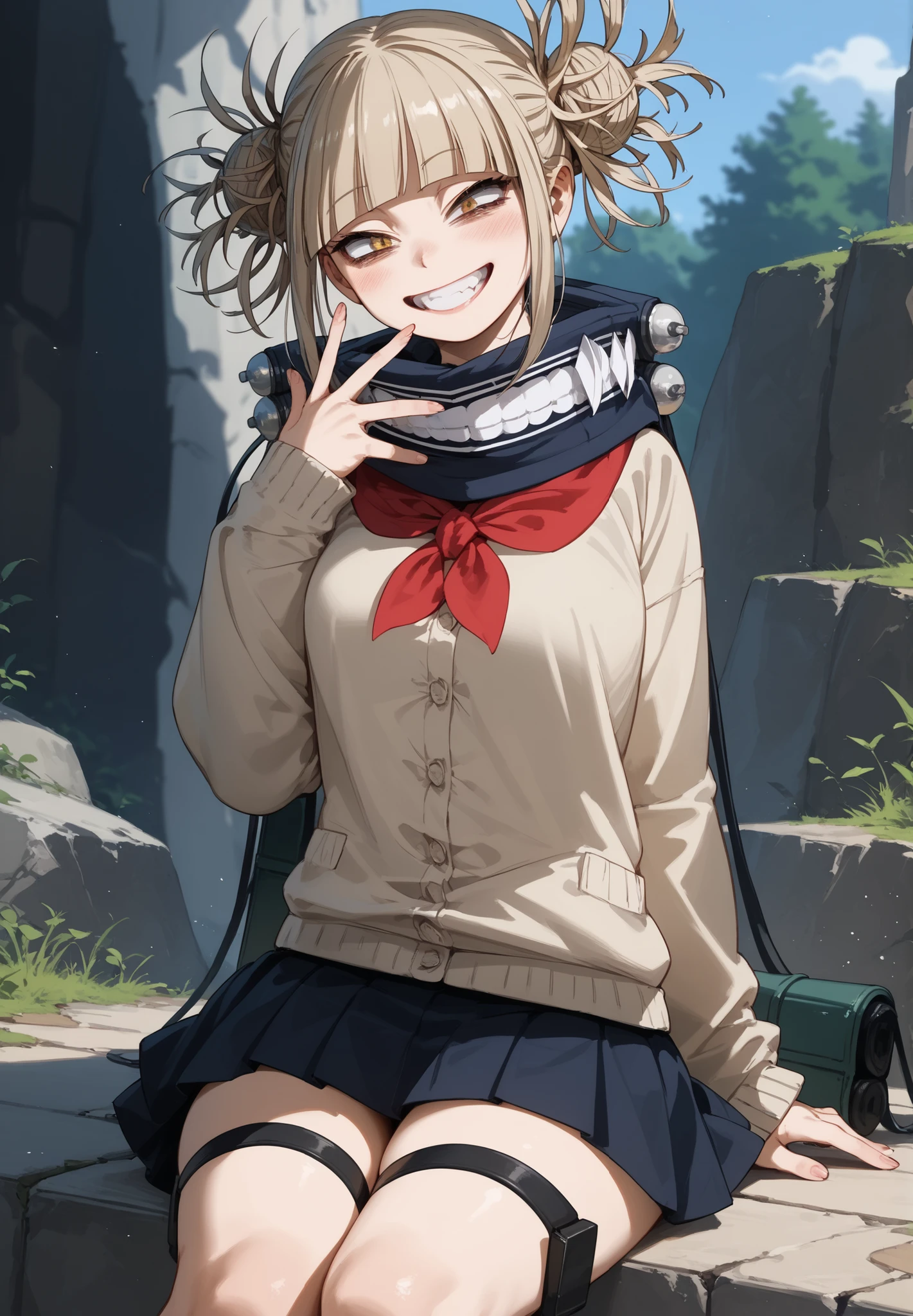 Himiko toga sitting looking backwards at the spectator, smiling