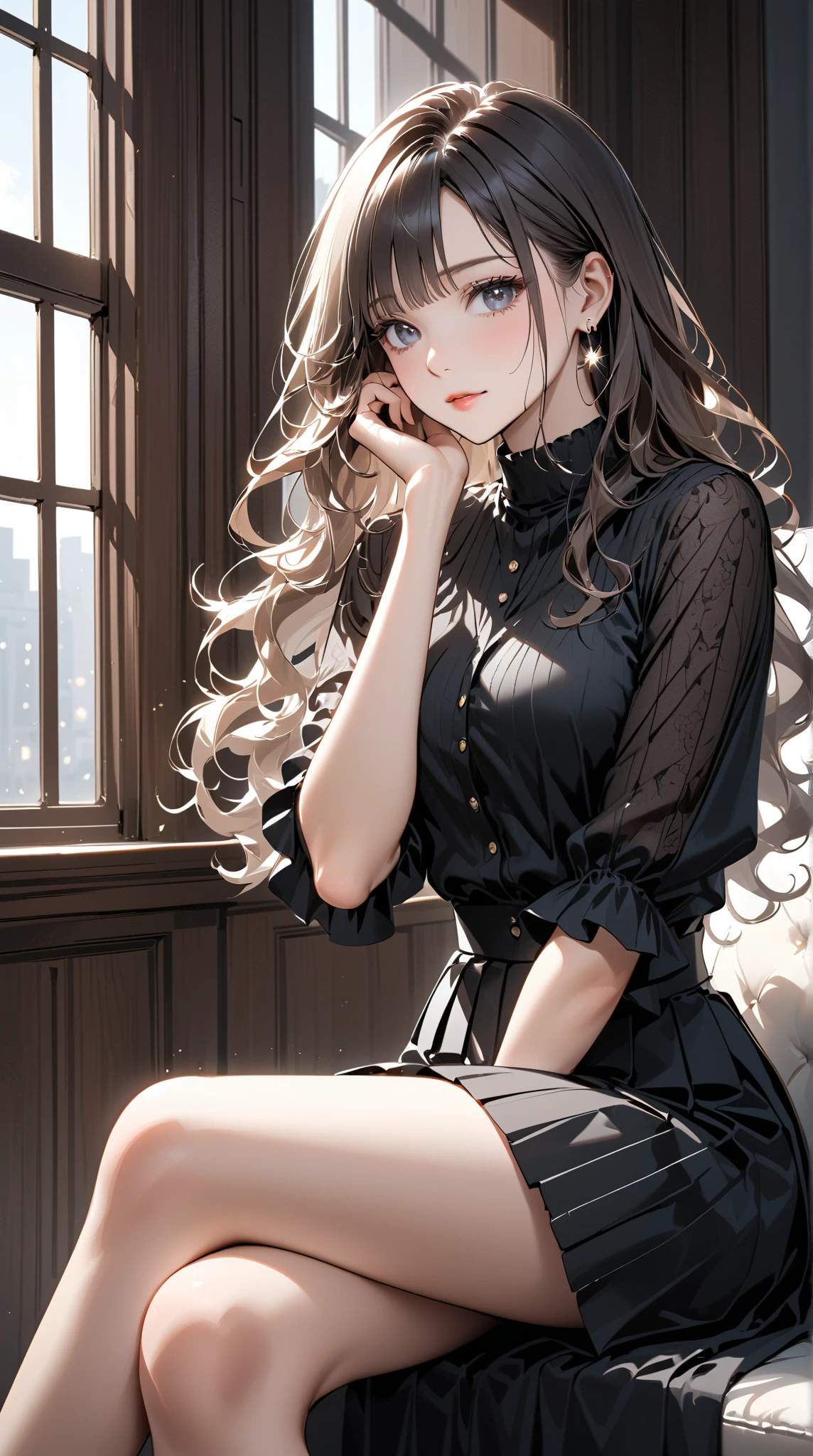 absurdres, RAW photo, extremely delicate and beautiful, masterpiece, Best Quality, ultra high resolution, 32k, hyperrealistic, ultra-detailed, perfect anatomy, super Detailed skin, perfect figure, Super Beauty, Perfect Style, Perfect balance, Beautiful Lighting, Perfect Lightning, Realistic Shadows, 20 years old, very Slim body, narrow waist, very small head, very small face, delicate facial features, handsome detailed woman, very detailed eyes and face, realistic face proportions, Realistic beautiful face, Realistic beautiful eyes, tearful mole, earring, very huge round breasts, legs, medium hair, asymmetrical hair, full body shot, indoor, school_uniform, sleeveless, foot,