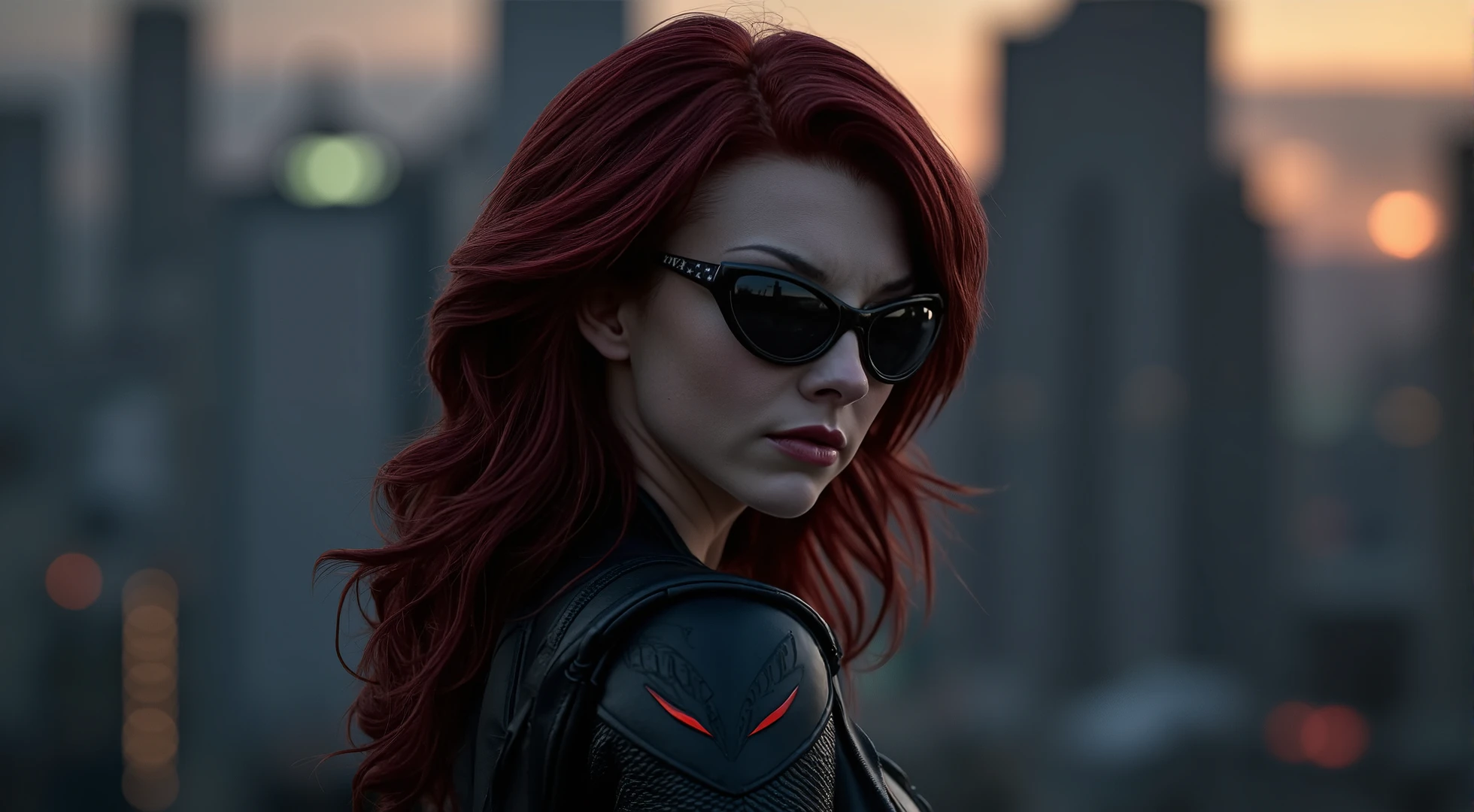 Create a realistic and epic image of a fusion between Black Widow and Catwoman. The character should have:

Face: Combine Black Widow's intense and cunning expression with Catwoman's enigmatic and seductive demeanor, (((creating a face that exudes confidence, mystery, and determination))). Add a piercing gaze and slightly curved lips, highlighting the mix of intelligence and charm.

Hair: Blend Black Widow's wavy red hair with Catwoman's sleek and elegant style, resulting in a hairstyle that is both practical and stylish, with a dark color infused with reddish tones.

Outfit: Design an outfit that combines Black Widow's tactical black uniform with Catwoman's tight leather suit. The design should include details like belts with gadgets, retractable claws, and a touch of red in accessories such as gloves or boots, reflecting the balance between feline agility and combat prowess.

Accessories: Include iconic (((elements like Catwoman's night vision goggles mixed with Black Widow's shock bracelets.))) The suit could feature a utility belt containing both Black Widow's weapons and Catwoman's burglary tools.

Setting and Pose: Position the character in a nighttime urban environment, such as the rooftops of a city lit by neon lights or in a shadowy alley. The pose should be agile and stealthy, perhaps mid-leap or in a combat stance, showcasing her ability to move with precision and speed.

Style: Maintain a realistic style that captures the blend of strength and agility, with a design reflecting both Black Widow's espionage skills and Catwoman's thieving dexterity, creating a figure that is both lethal and seductive.