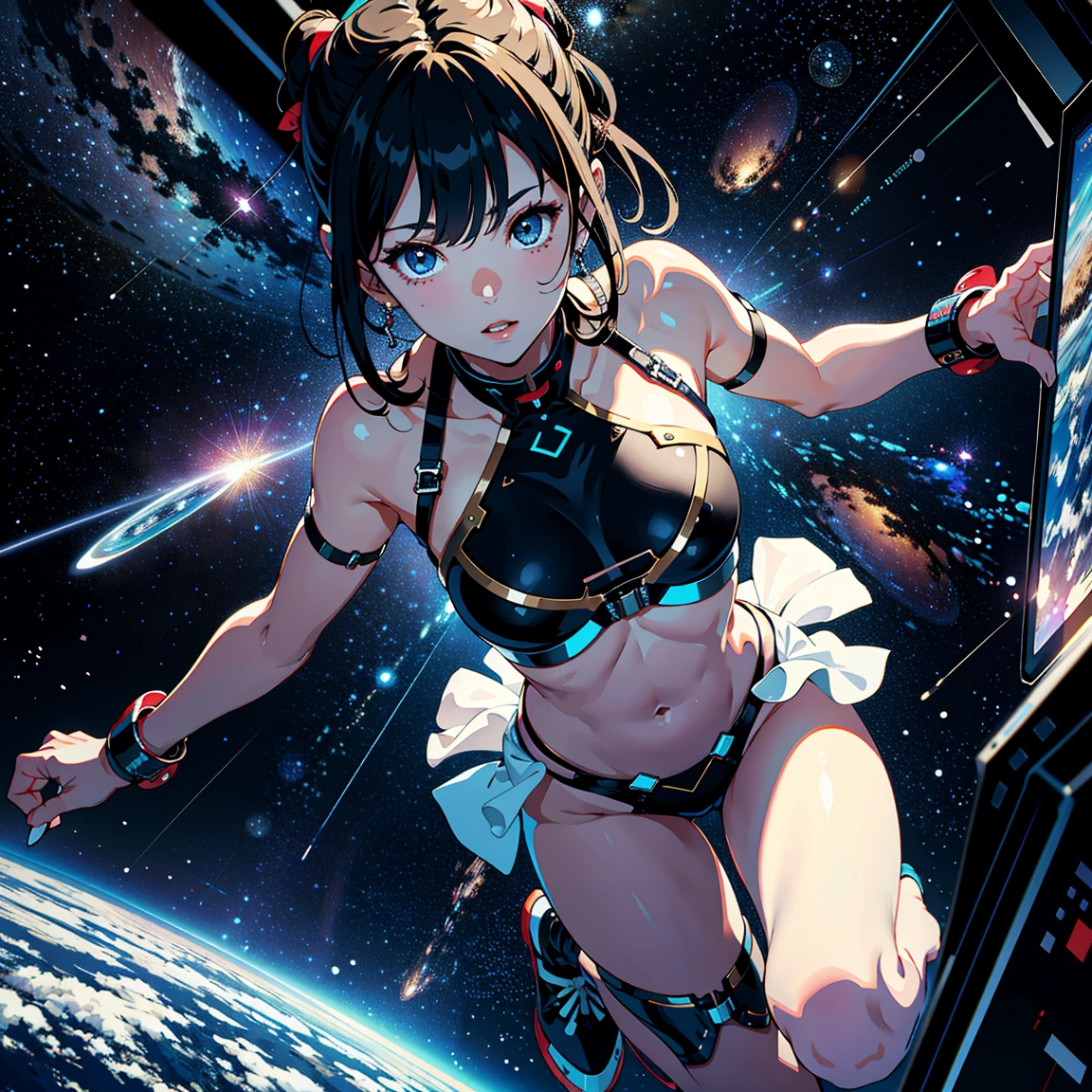 Highest quality、Highest quality、Masterpiece、girl((20-year-old、as soon as、Highest Bust、Medium Bust、Wide open chest、Red glowing eyes、Black Ear、Red Mesh、Disheveled Hair、Loincloth、thin、The best valley、Open chest、hair ornaments、Full body view、NSFW(Completely naked)、Random Pause、smile、Headphones embarrassed face))、high quality、Beautiful Art、background((Collapsing Ground、no gravity、Floating Object、shooting star、universe、comet))、Depth((Earth))、flight、Flying Debris、Depth of text、movie、Visual Arts、Perfect Art、8K、Genuine、Special Angles