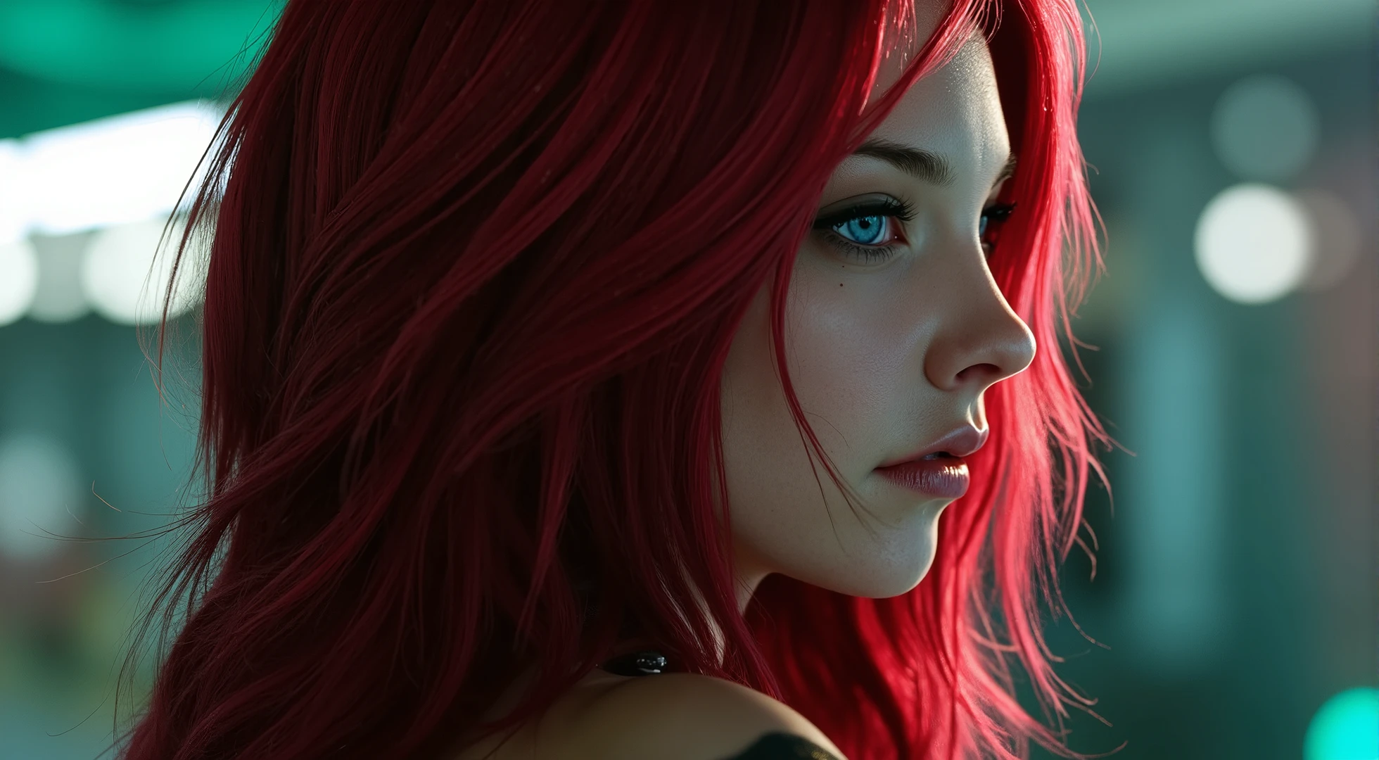 ((perfect anatomy:1.2,realistic:1.3,RAW Photography:1.3,masterpiece、highest quality、Ultra - High resolution、High resolution、Highly detailed CG、8K)), This artwork should be hyper-realistic, capturing every detail with stunning clarity, image of Nikki from pandemonium,long straight hair, red hair, green eyes, Full body, very detailed outfit, The outfit should be alluring , unzipped:1.2, ((costume is unzipped )), narrow waist, wide hips, slender body, thigh gap, skinny, (sweat:1.2), big breasts, heavy breasts, view from the side, show armpit, futuristic backround