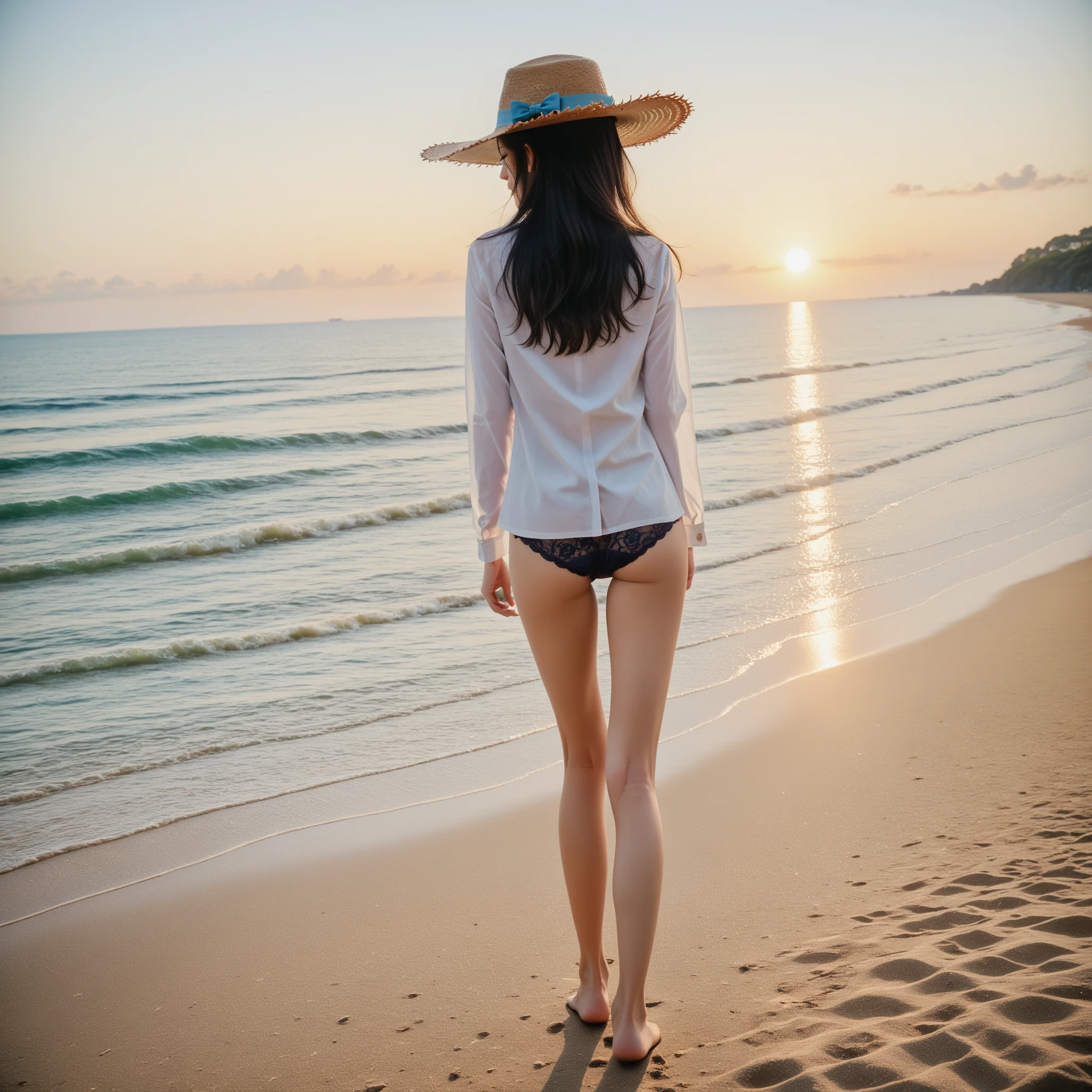 20yr old、femele、skirt by the、Shorthair、sit on beach、a straw fedora hat、posterior view、Sunset