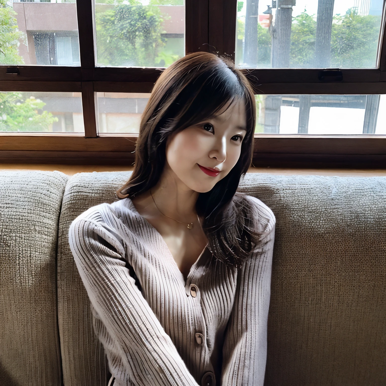 rie,One Woman,(best quality), (ultra detailed), (absolutely resolution),Face is front, 20-year-old, Sit on a chair, Office Lady, The color of the dress is burgundy, The pattern on the clothes is paisley, Black Hair, Poolside bedroom、An open space with a resort feel