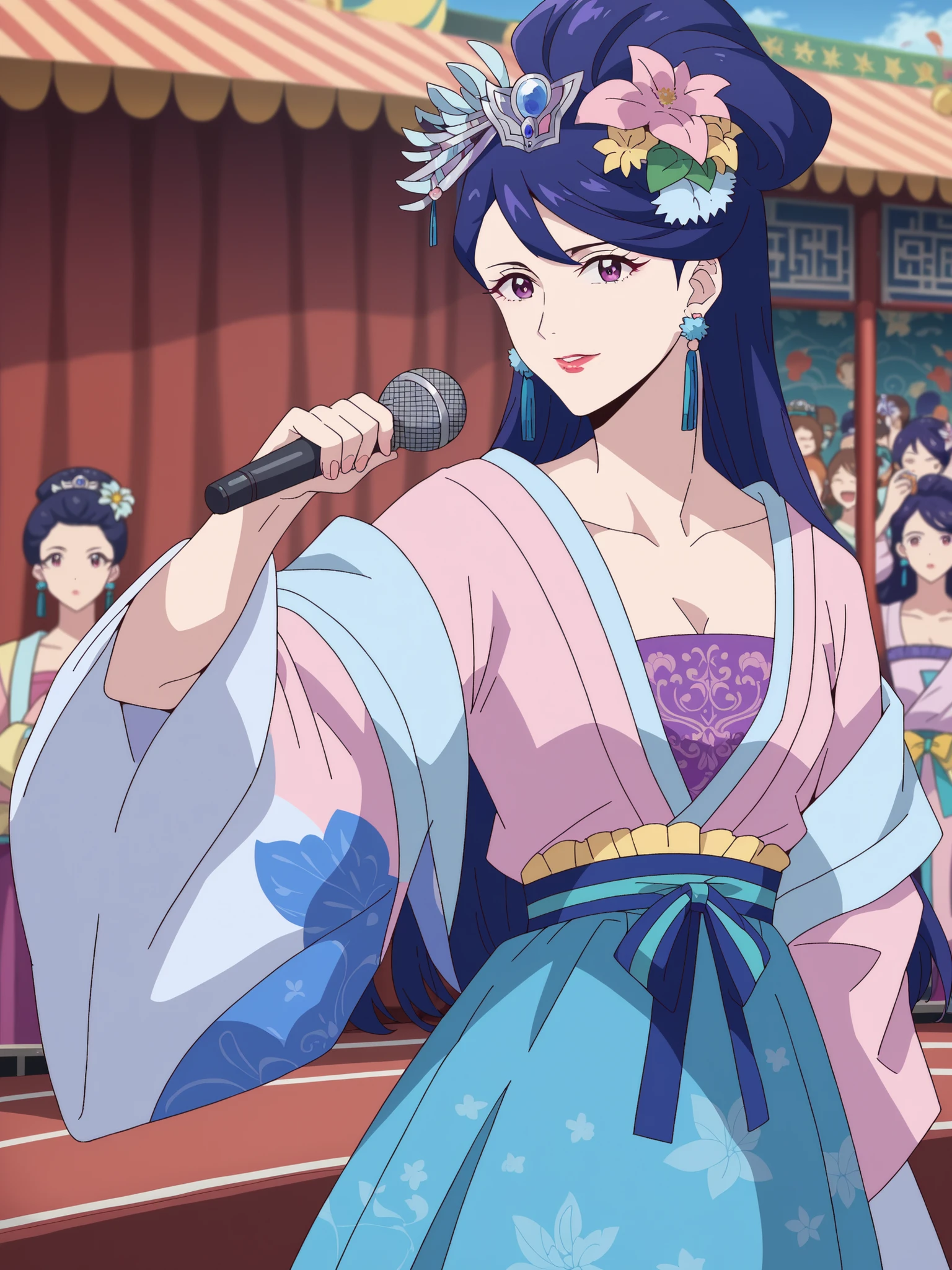top quality, masterpiece,Pear Blossom,Every Single Person at the Drugstore,Long, purple eyes, purple hair, flower, earrings, hair flower, makeover, lipstick,((masterpiece, top quality, Max Video Quality, high resolution, Photorealistic, RAW Photos, 8k)), ((Highly Detailed 8K Unified Wallpaper)), (Huge and Amazing Goddess Shots, very hot and sexy, is breathtakingly beautiful, Completely-Blowed, beautiful body, Slender Beautiful Body:1.1), Female costume with microphone and light on stage, (Sing and dance), (Woman in a stage costume with microphone and light wearing a white and pink mini dress , long sleeve shirt, pink vest, Swinging mini skirt, vivid!!, happy!!!, fun!!!, idol, vivid), live for D, rainbow core , show, ap, f/2.5, idolmaster, dos,