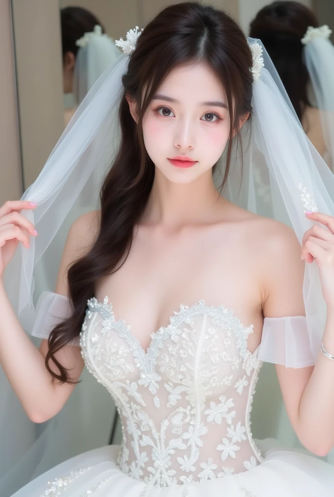 8k, Ultra-high resolution, Highest quality, masterpiece, 三分割法によるphotograph,Surreal, photograph, 1 Girl, (16 years old:1.3), pretty girl, Cute Face, Beautiful eyes in every detail, 細かくdetailedに,masterpiece,One Girl:1.2,Japan Female Teachers,extream close up,sad,light smile,Long black hair,Straight long hair,(印象派の美しい少女のPortraiture),(Impressionist light and colour), (Gray background:1.3),(White Wedding Dress:1.3),(Fairy, bride, Shiny Hair, Beautiful dark eyes, So cute and beautiful,16 years old, ), (smile:0.8),Sharp contours,Looking down, (Wedding Veil,White lace), Light from above, (Side view),, Perfect and beautiful face ,完璧でCute Face, Skin with attention to detail, Perfect limbs、Narrow waist,Looking at the audience,(((Ideal body type))),A cup small breasts :2,Portraiture:2,Perfect Anatomy,鮮明なdetailed,detailed,Surreal,Light and shadow,glowing