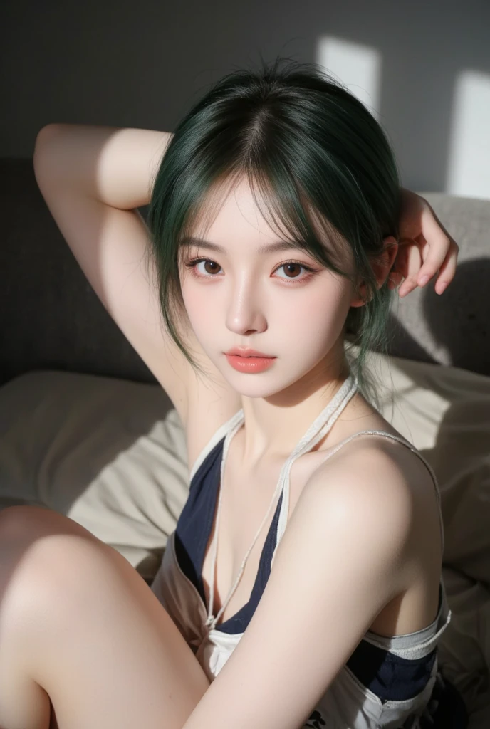 (masterpiece, high quality:1.2), fisheye, (close-up portrait:1.1), solo, model photoshoot, (green theme:1.1), a stylish girl, seductive, faded green bonde hair, blush, (korean, 22 years old:1.3), sexy, pure innocence, (light smile:0.8), whore vibe, in love, purple dress, cleavage, detailed natural skin texture, seductive gaze, detailed lighting, (purple:1.1) wall background, shallow depth of field, romantic setting, dreamy pastel palette, whimsical details, captured on film, nsfw, dynamic, vivid colors, punk aesthetic <lora:koreanDollLikenessUL:0.7>