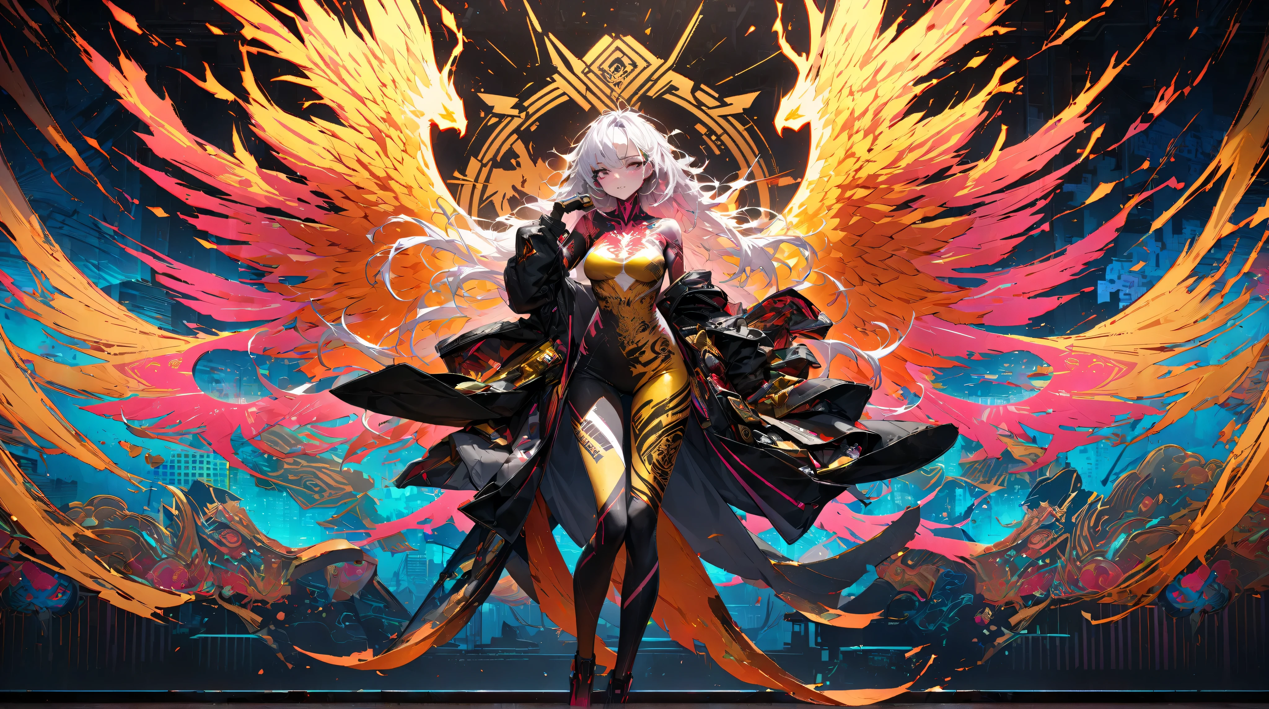 Vampire with blood red eyes and rays, serrated teeth, pointy ears, long white hair with red highlights, long nails, medium breasts, thin waist, wide hips, big ass, thick thighs, (ultra-realistic), {wallpaper extremely detailed 8k CG unit}, expansive landscape photography, (a low view focusing on the model), (wide open field view), (high angle shot), (high light: 1.6), (low light: 1.6), (low light: 1.2), (warm light source: 1.8), complex details, (iridescent colors: 1.5), (bright lighting), (atmospheric lighting), surreal, badass, omnipotent